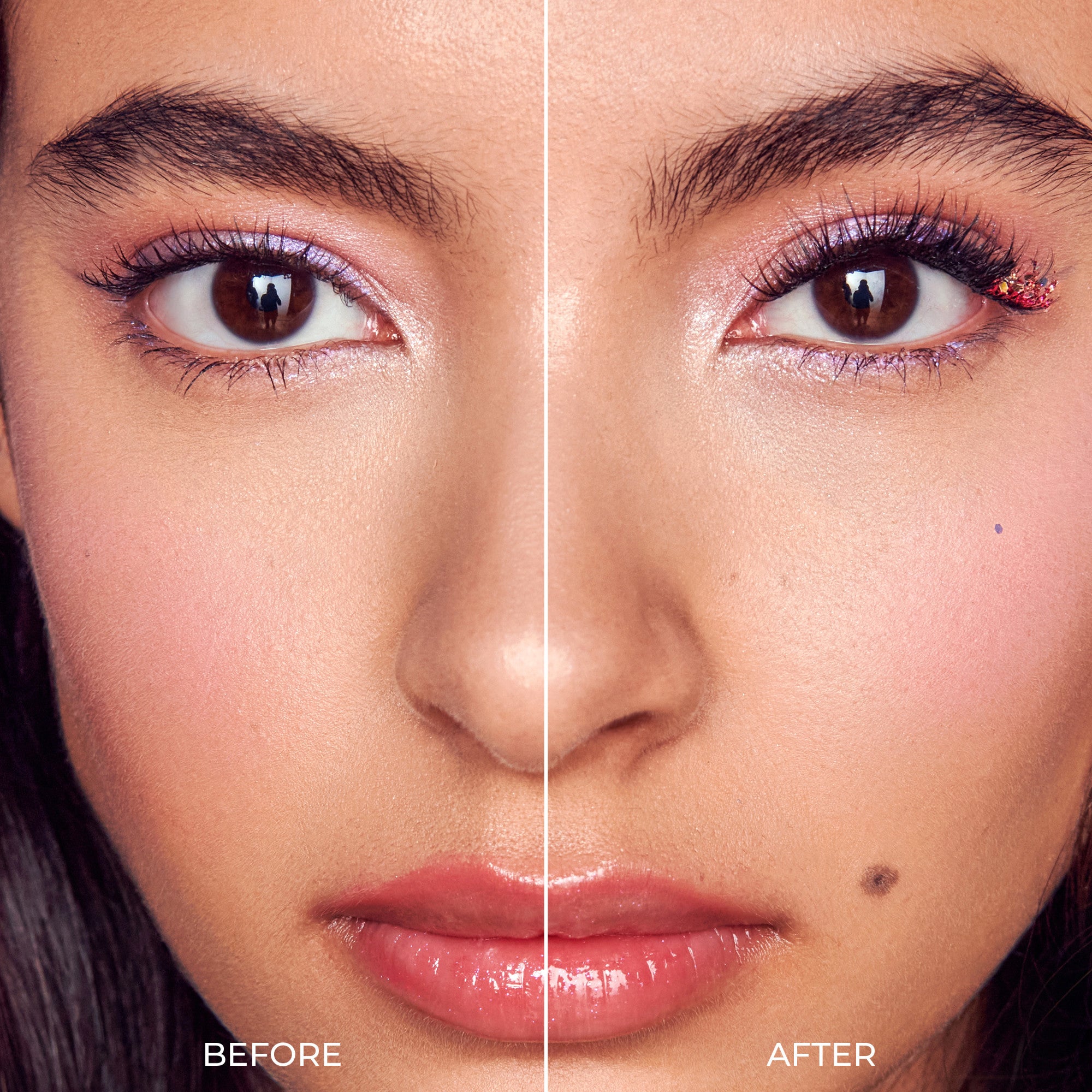 Before and after makeup comparison showing eyeshadow and eyeline application.