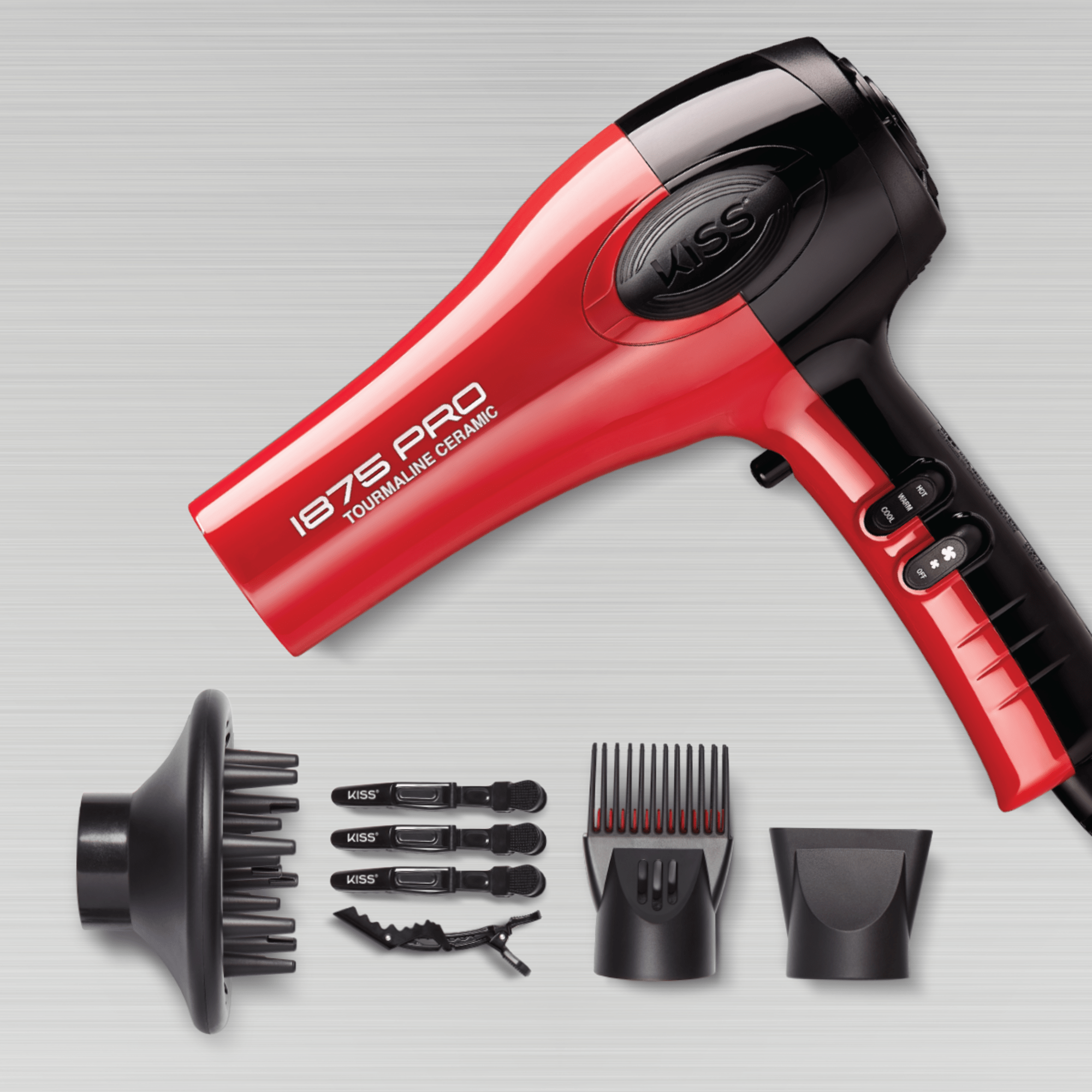 Red and black 1875 Pro Tourmaline Ceramic hair dryer with the brand name \