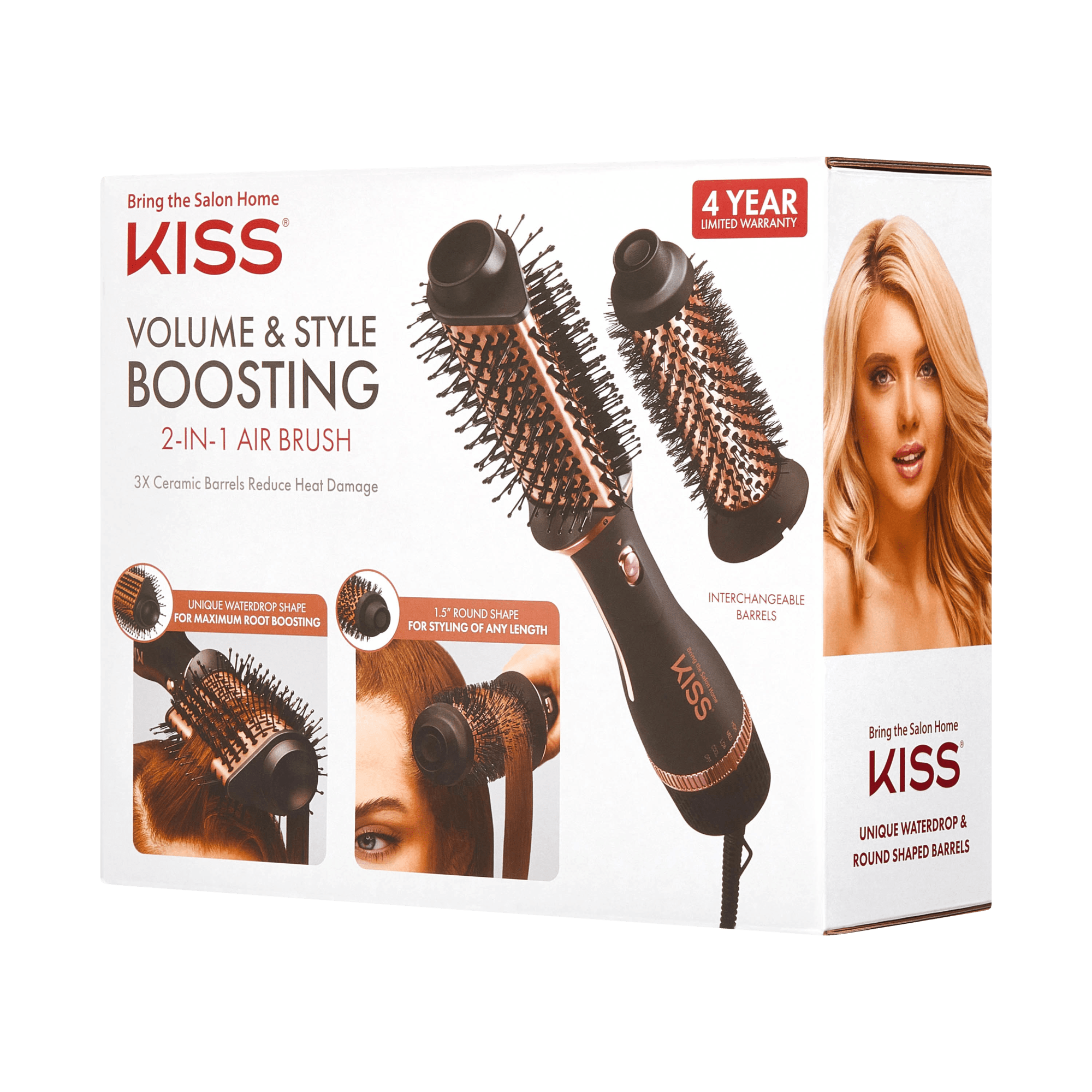 KISS Volume & Style Boosting 2-in-1 Air Brush with interchangeable ceramic barrels shown, featuring a unique waterdrop shape for root boosting and a 1.5\