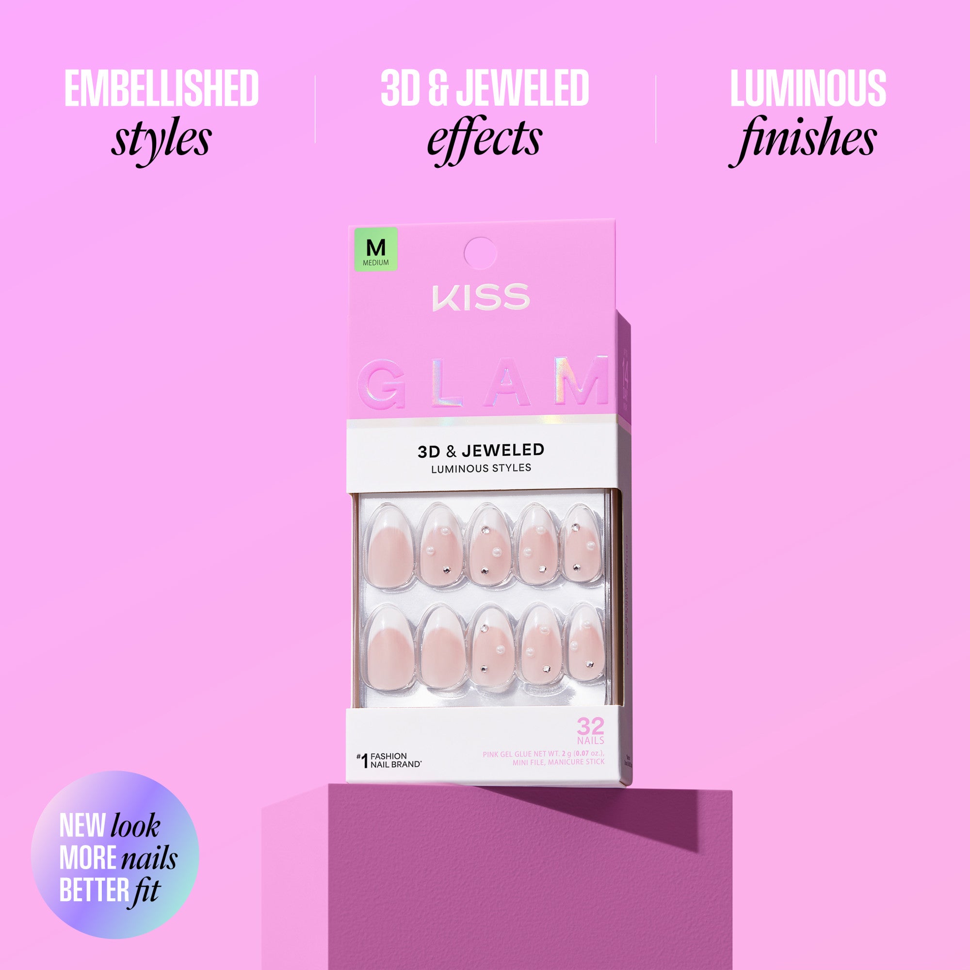 Kiss Glam 3D & Jeweled nail packaging on a pink background with text highlighting features.