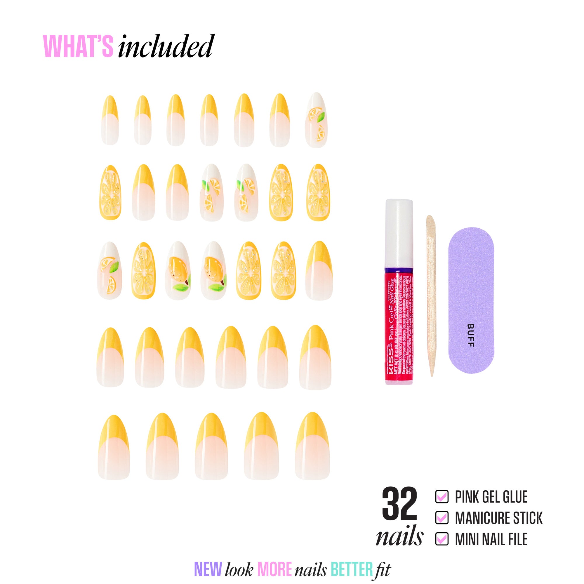 32 yellow and white ombre press-on nails with lemon designs, gel glue, manicure stick, and file.