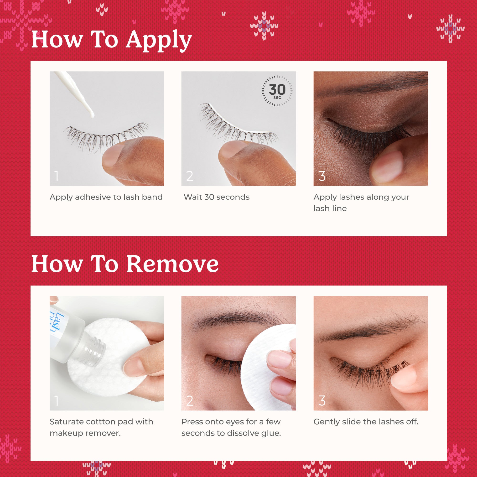 False eyelash application and removal instructions with step-by-step photos on red background