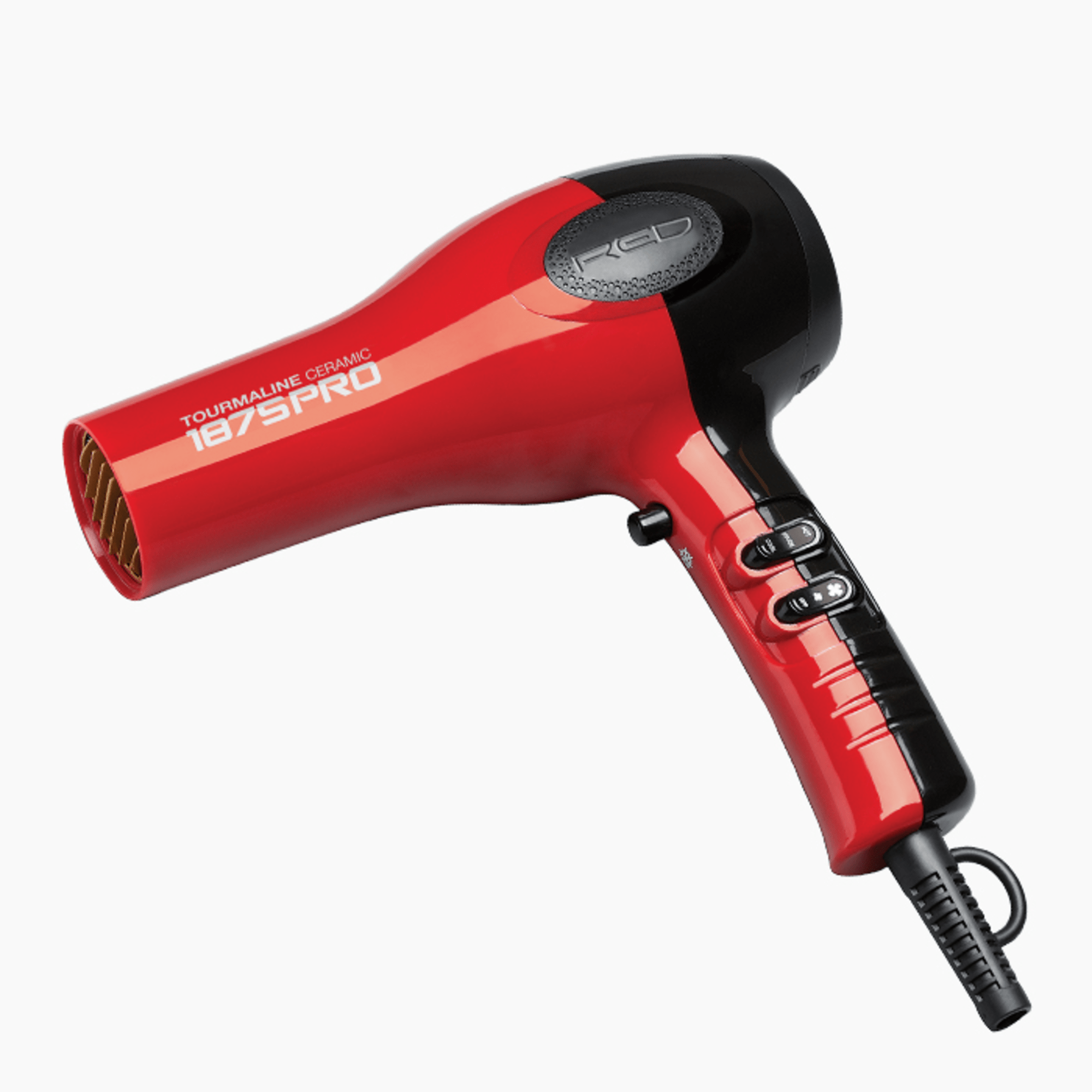 Red and black 1875 Pro Tourmaline Ceramic hair dryer shown from the side, highlighting controls on the handle and the air vent front.