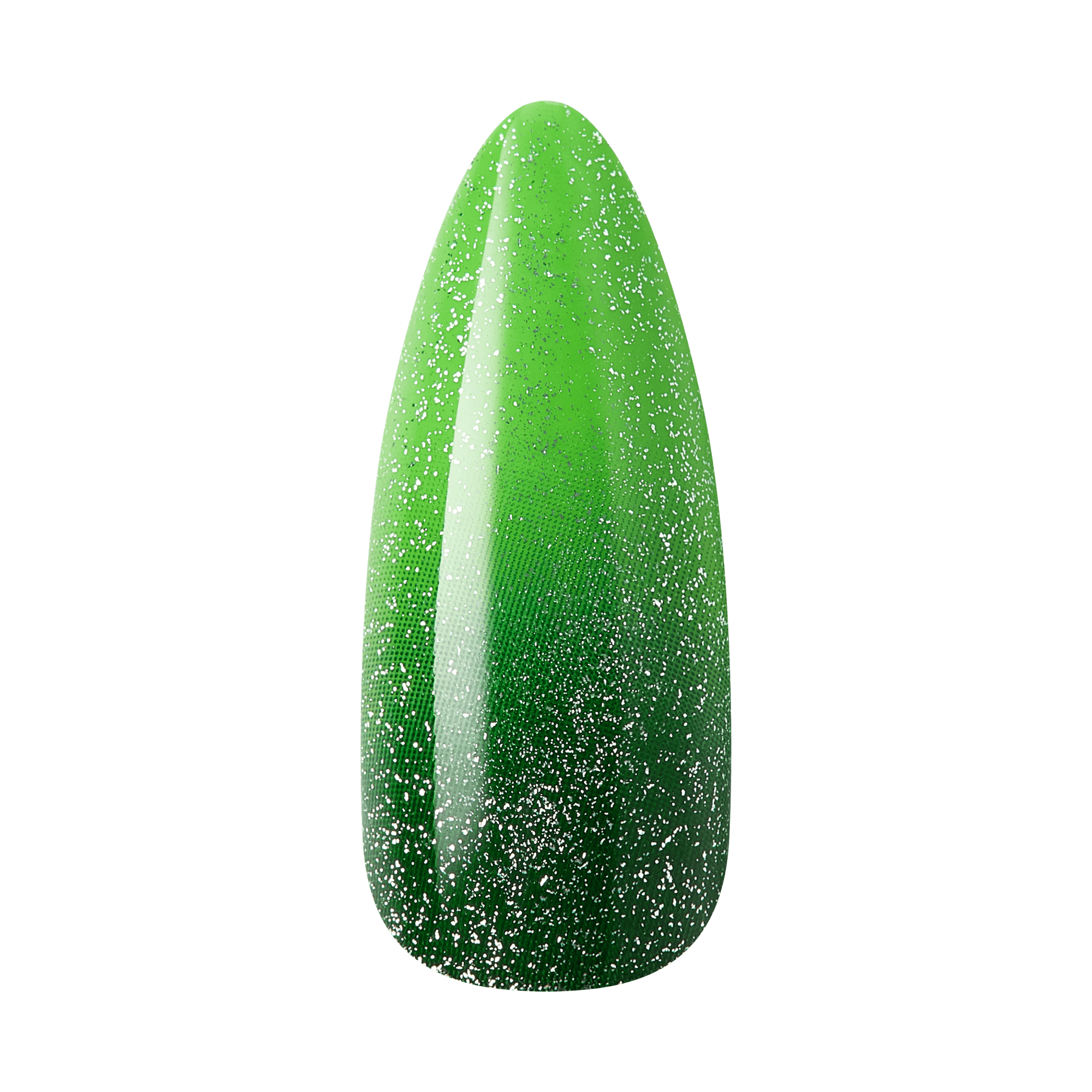 Glossy pointed artificial nail tip featuring a green ombre effect with silver glitter speckles throughout.