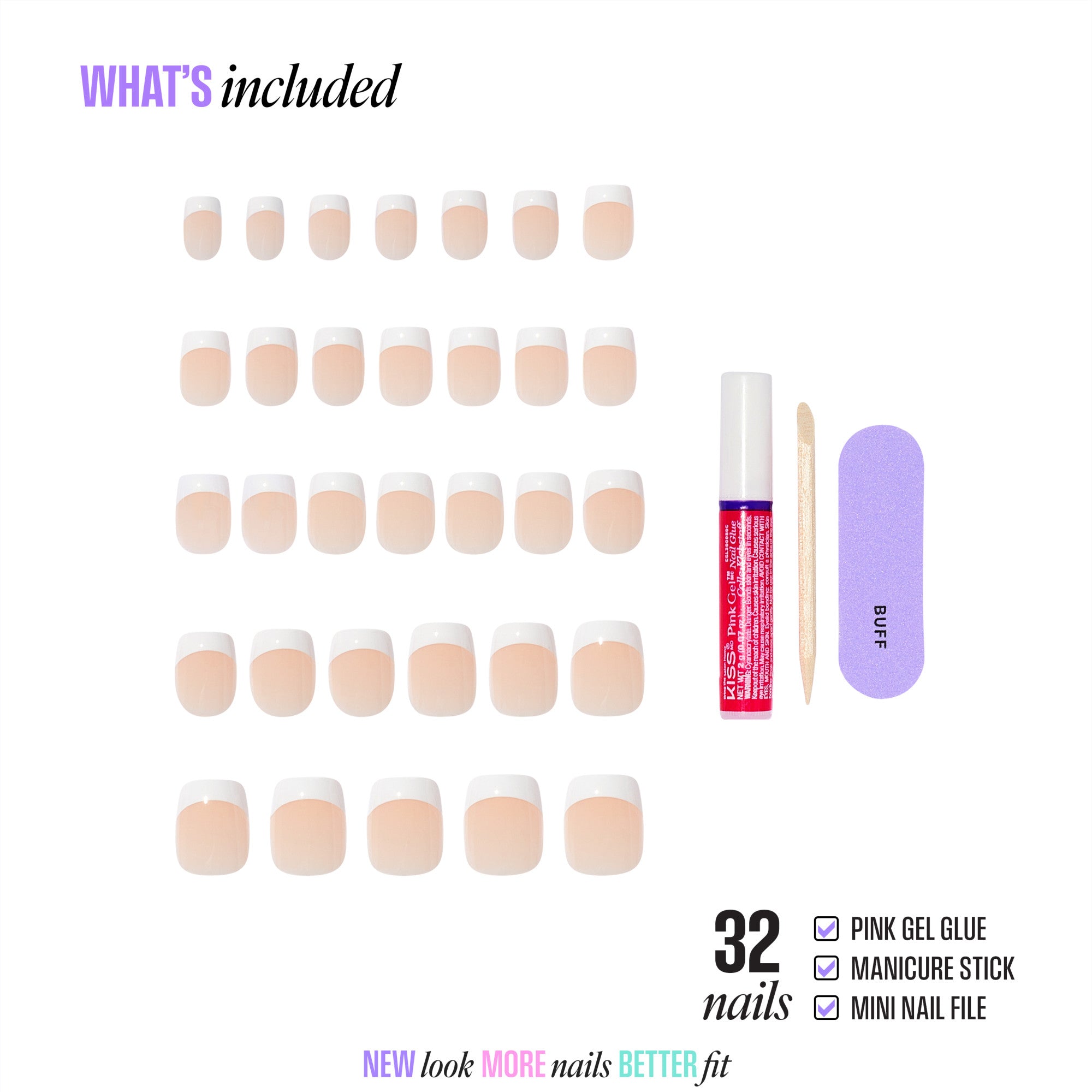 32 nude gel nails with white tips, pink gel glue, manicure stick, and mini nail file included.
