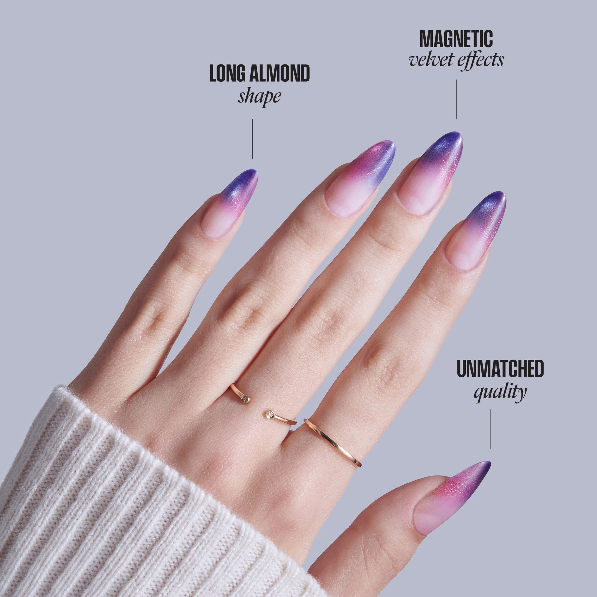Long almond nails with magnetic velvet pink-to-purple ombre gradient effect.
