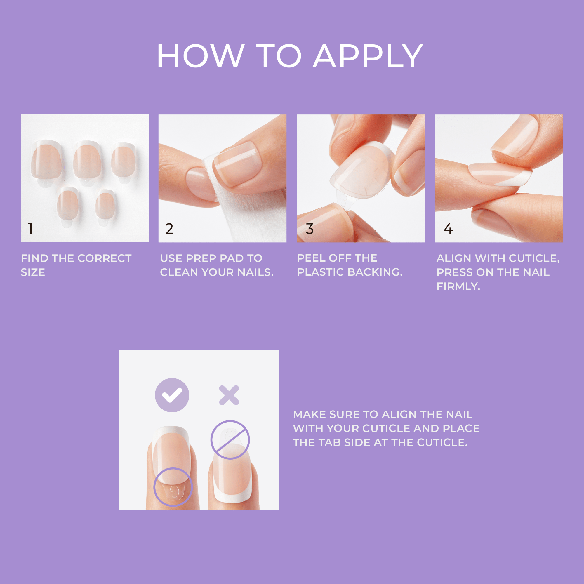 Four-step illustrated instructions on a purple background show how to apply imPRESS Press On Nails: select the correct nail size, clean nails with a prep pad, peel off the plastic backing, then align with cuticle and press firmly.