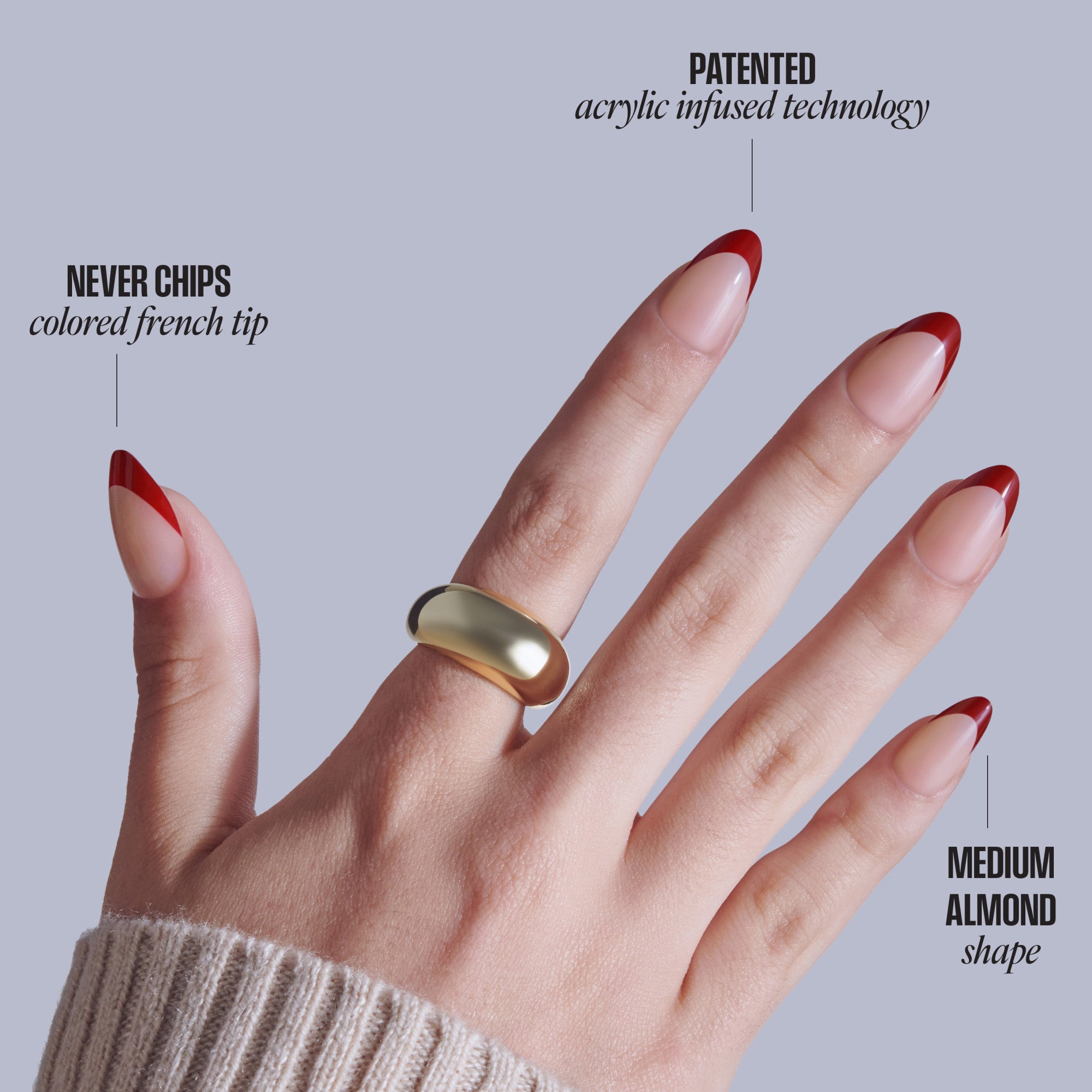 Red French tip acrylic nails with patented acrylic infused technology, medium almond shape.