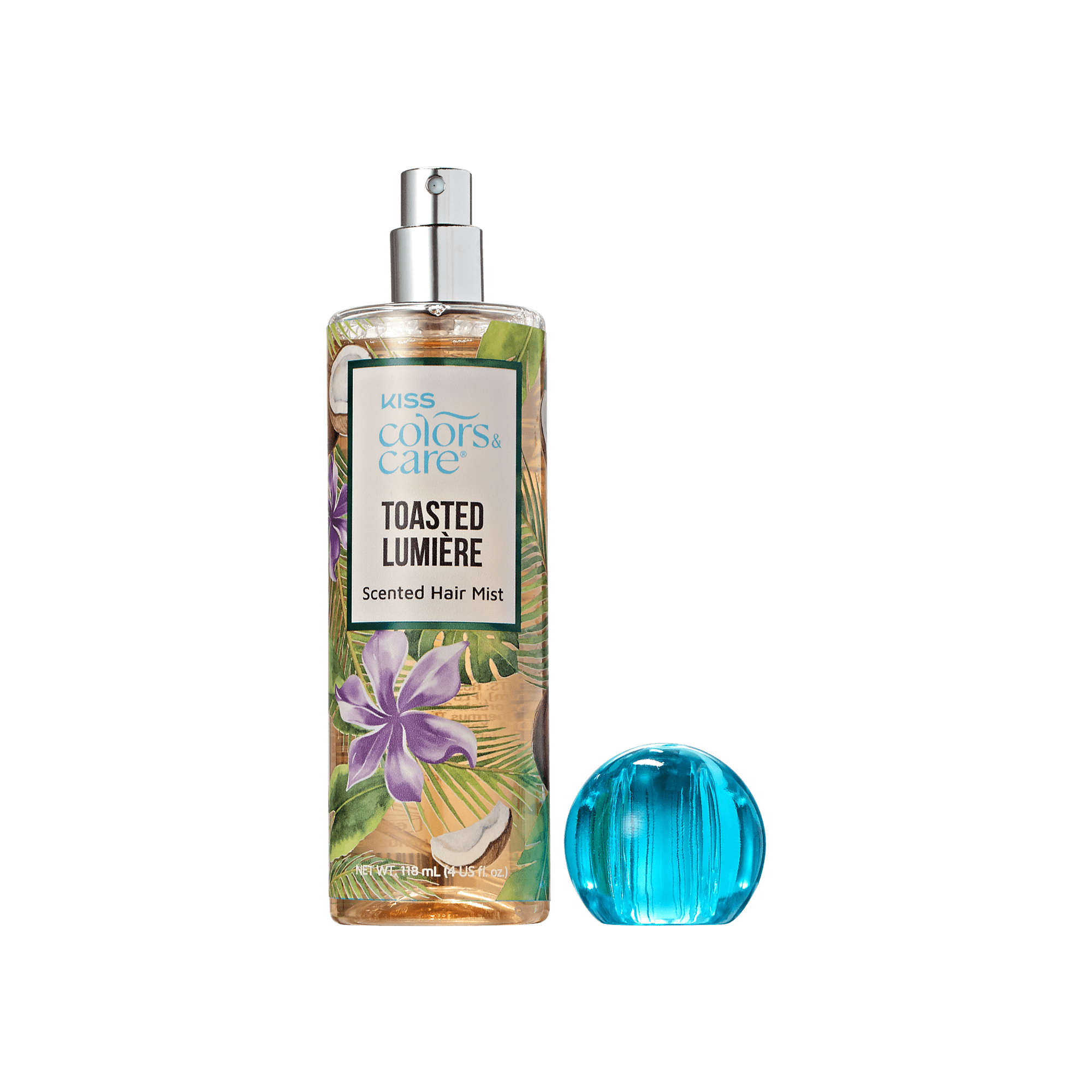 KISS Colors & Care Toasted Lumière scented hair mist in a clear spray bottle with floral and leaf design, blue round cap removed.