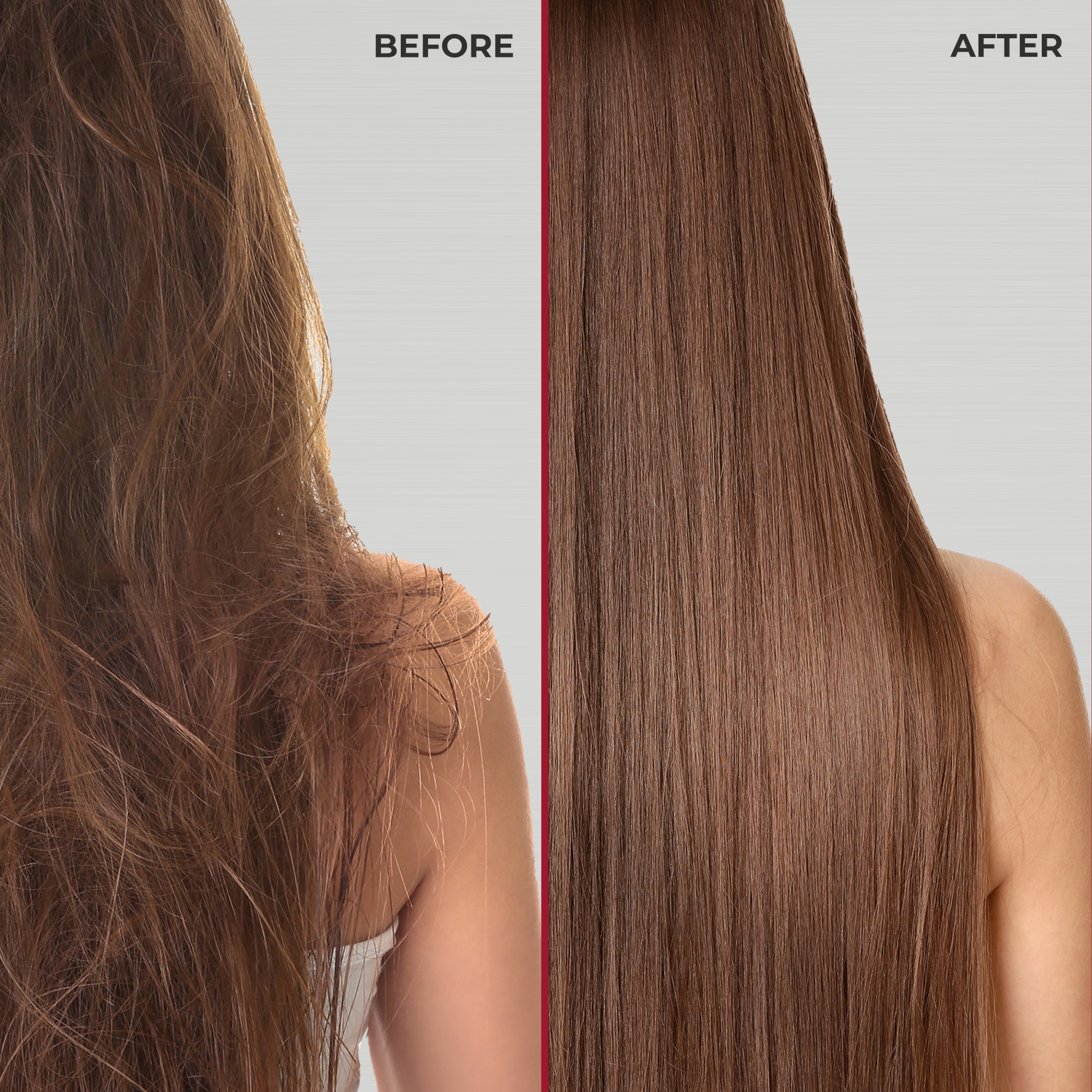 Back view of a woman’s long brown hair shown before and after using a flat iron; hair is frizzy and tangled on the left, smooth and straight on the right.