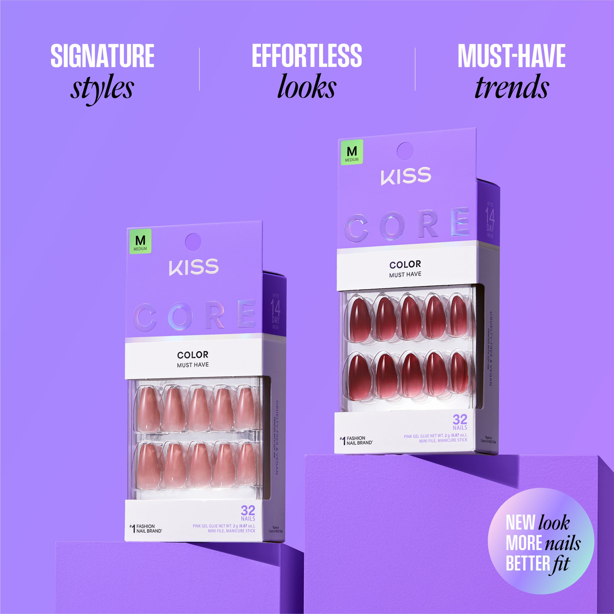 KISS Core Color nail sets in nude and red shades with packaging showing 32 nails per kit.