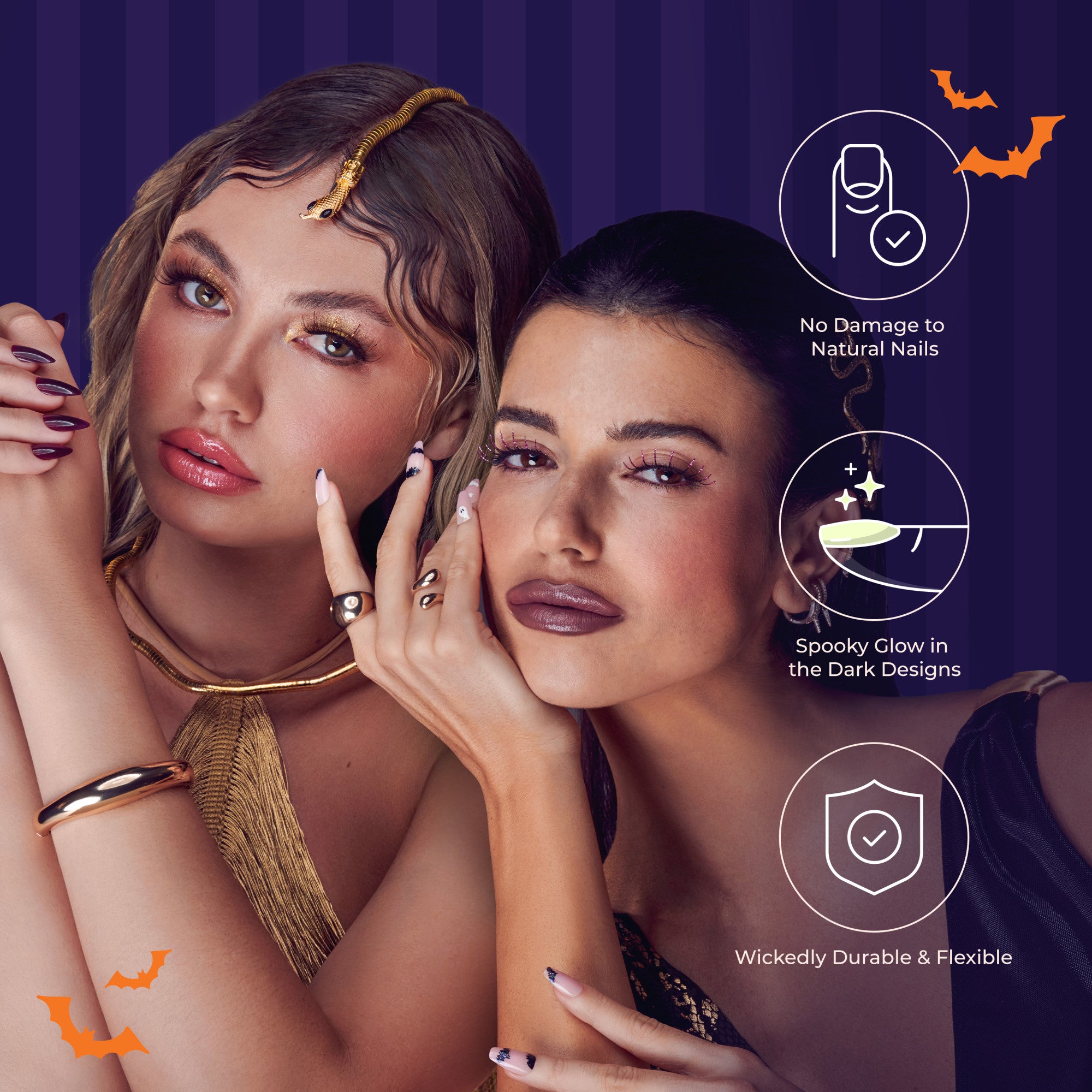Two women with glowing Halloween-themed press-on nails pose against a purple striped background with bats. Text highlights “No Damage to Natural Nails,” “Spooky Glow in the Dark Designs,” and “Wickedly Durable & Flexible.”