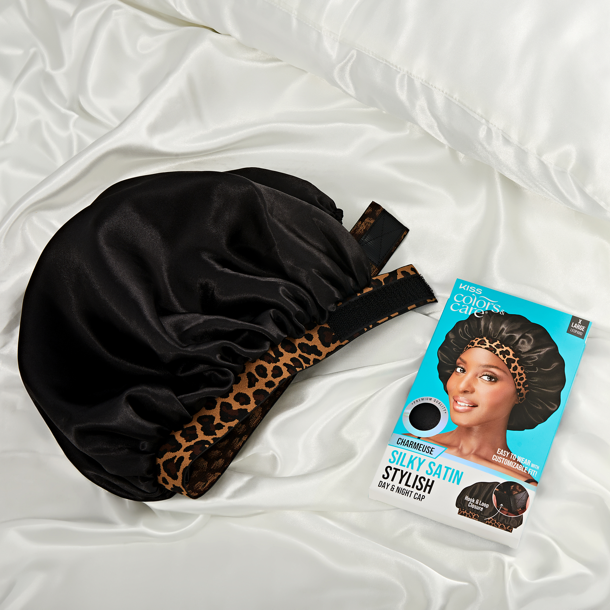 Kiss Colors & Care Silky Charmeuse Satin Stylish Day & Night Cap - Black & Leopard