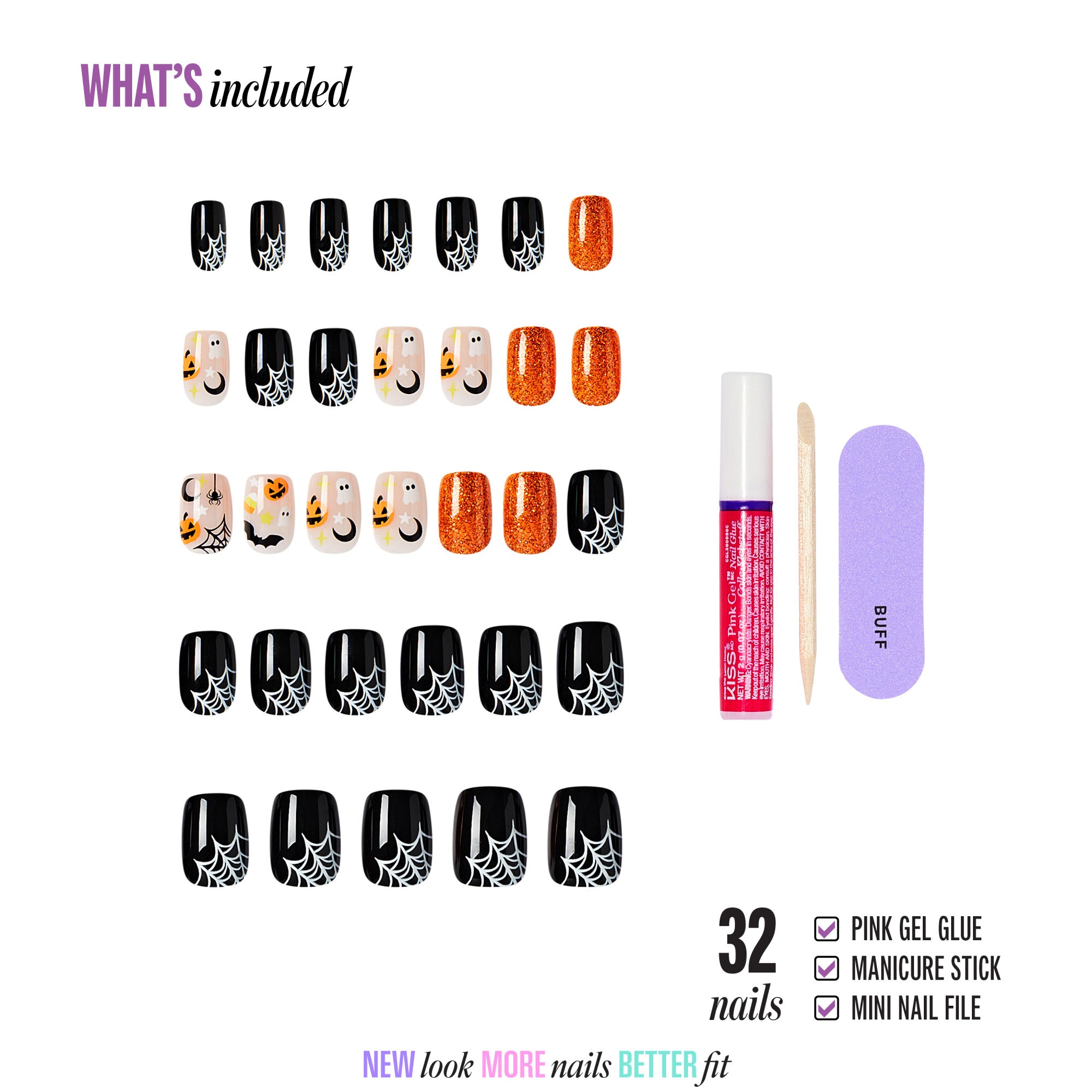Kiss Haunt Halloween Press On Fake Glue Nails - Fangs for the Memories | Design, Orange & Black, Short, Squoval, Glow In The Dark