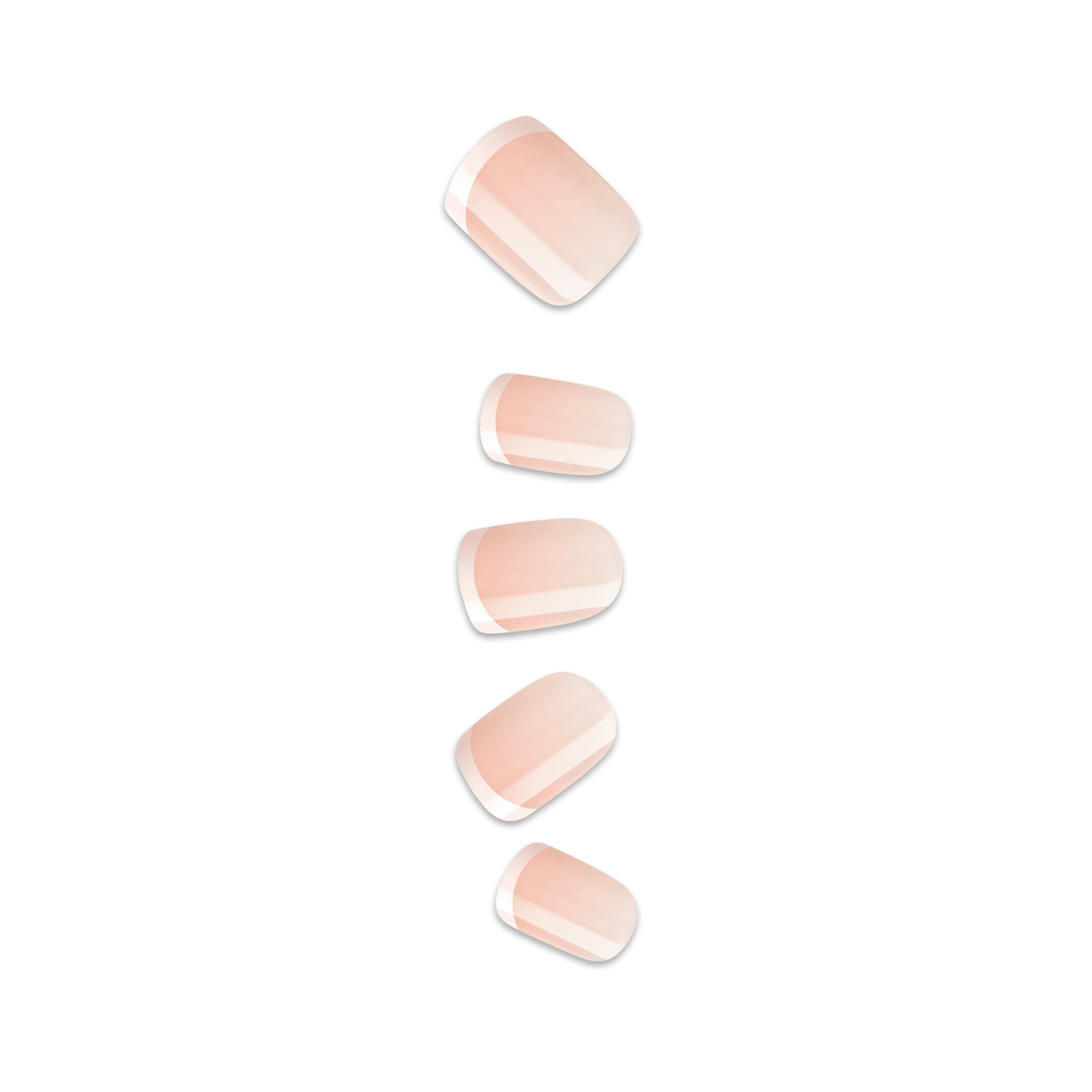 Set of five press-on nails in a chic French design with a soft pink base and white tips, displayed vertically on a transparent background.