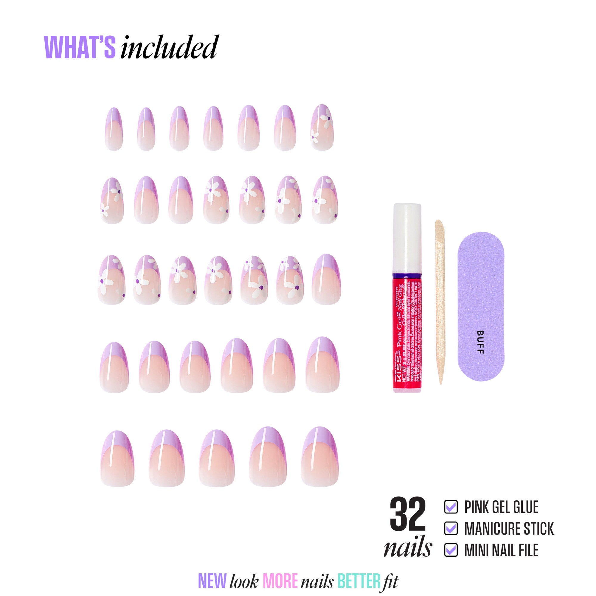 32 purple gradient press-on nails with floral designs, gel glue, manicure stick, and nail file.