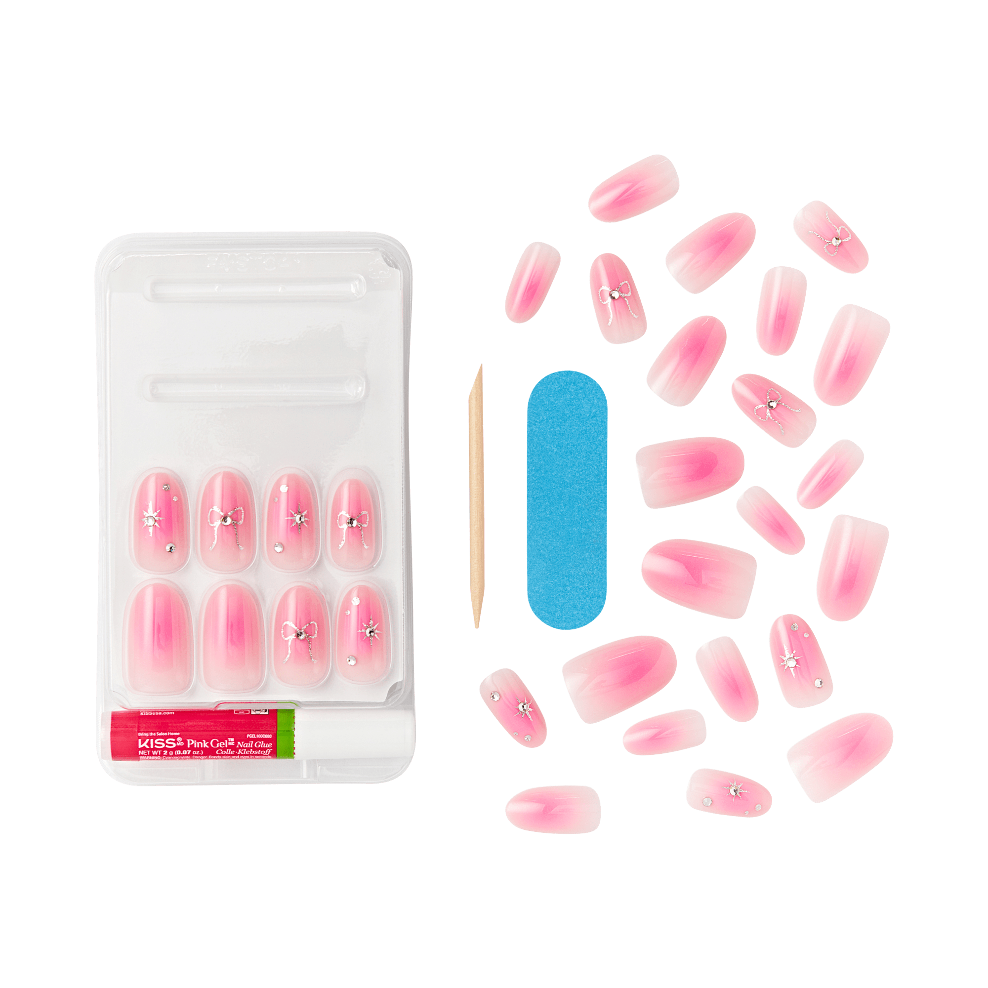 Set of pink ombre press-on nails with silver star and bow embellishments, includes nail glue, wooden cuticle stick, and blue nail file.