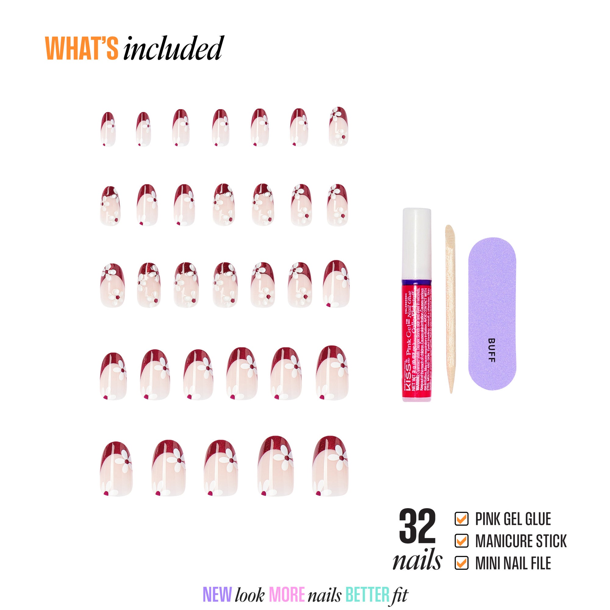 BUFF press-on nails kit with 32 nails, gel glue, manicure stick, and nail file.
