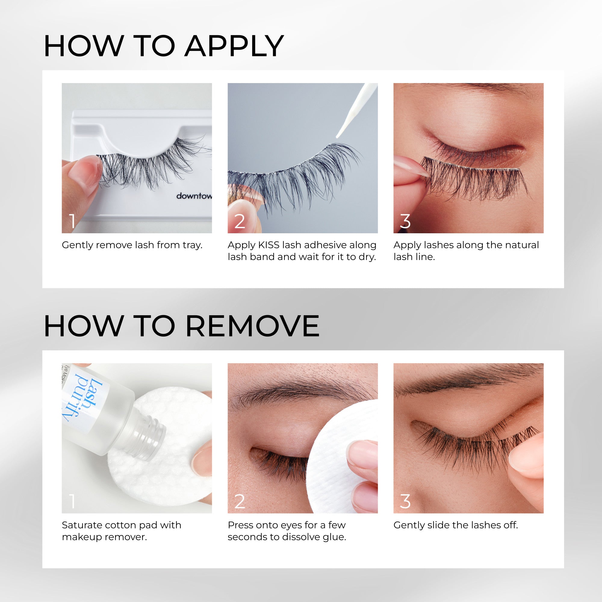 Step-by-step visuals showing how to apply and remove KISS So Wispy false eyelashes with close-ups of lashes, adhesive, and cotton pad with remover.