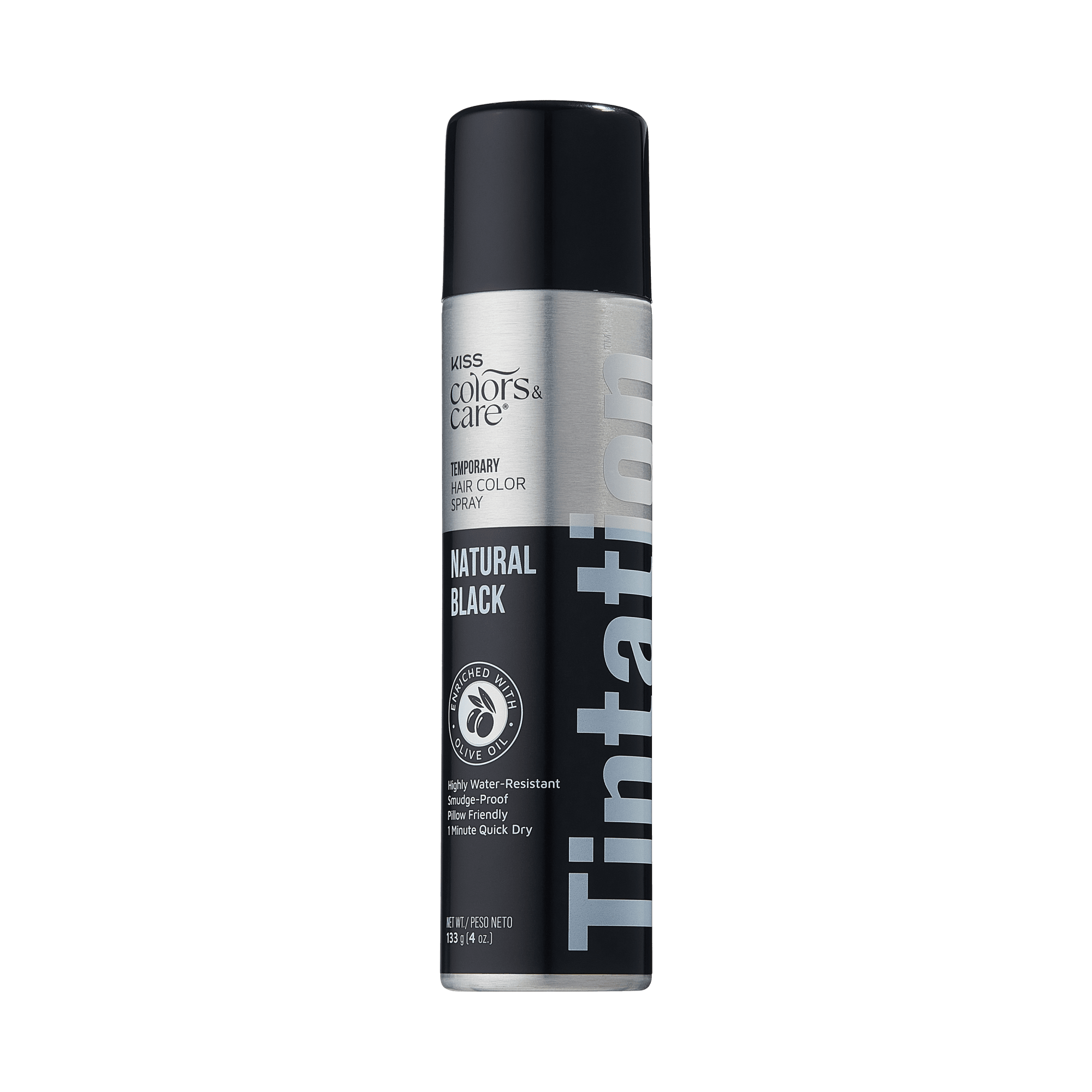 KISS Colors & Care temporary hair color spray in natural black, silver and black can with black cap, claims water-resistant, smudge-proof, pillow friendly, quick-dry.