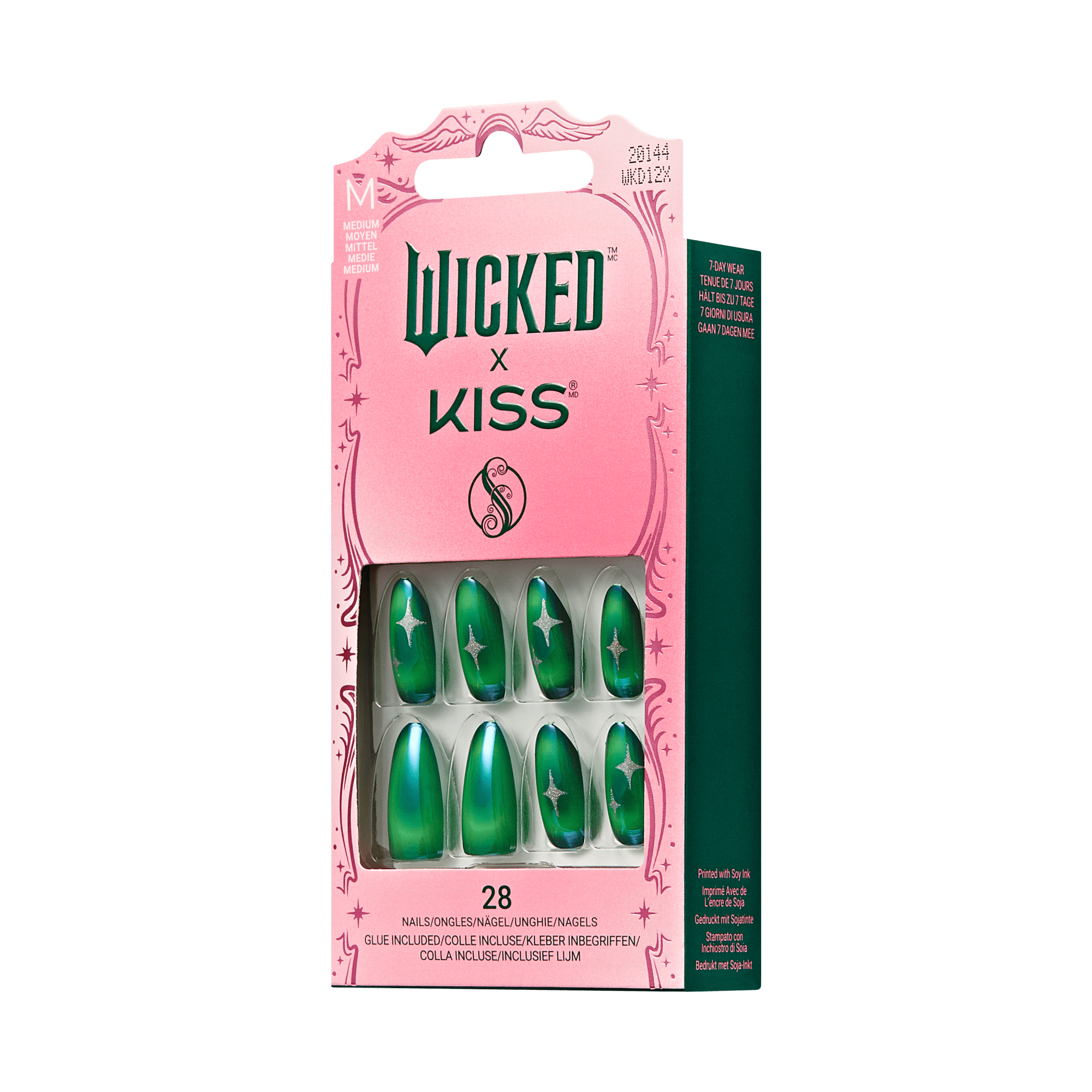 Wicked X Kiss press-on nails in green with silver star designs, medium size, packaged in a pink box with 28 nails and included glue.
