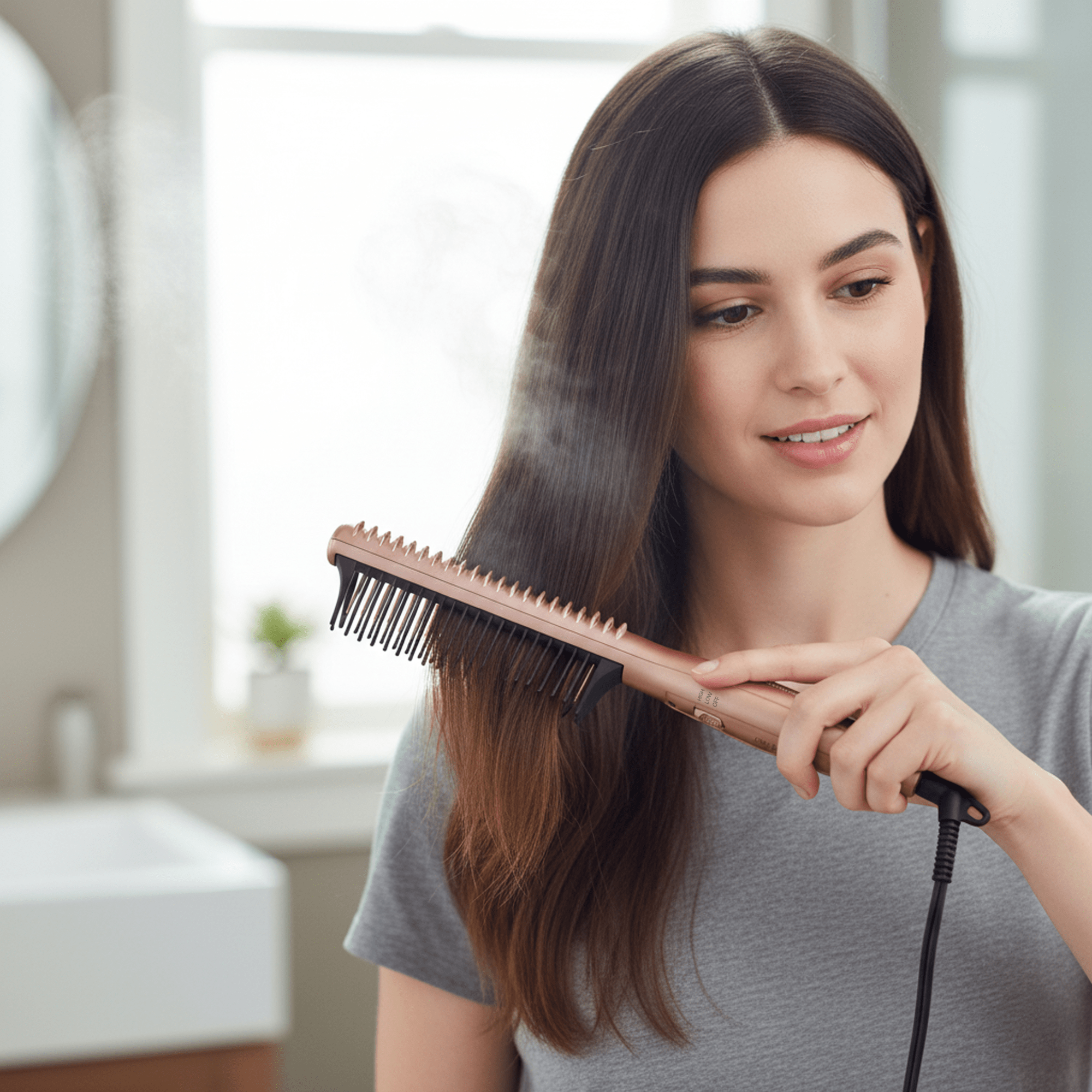 Woman using a rose gold KISS Dry & Style Heat Brush to straighten her long brown hair in a bright bathroom, steam visible from the brush.