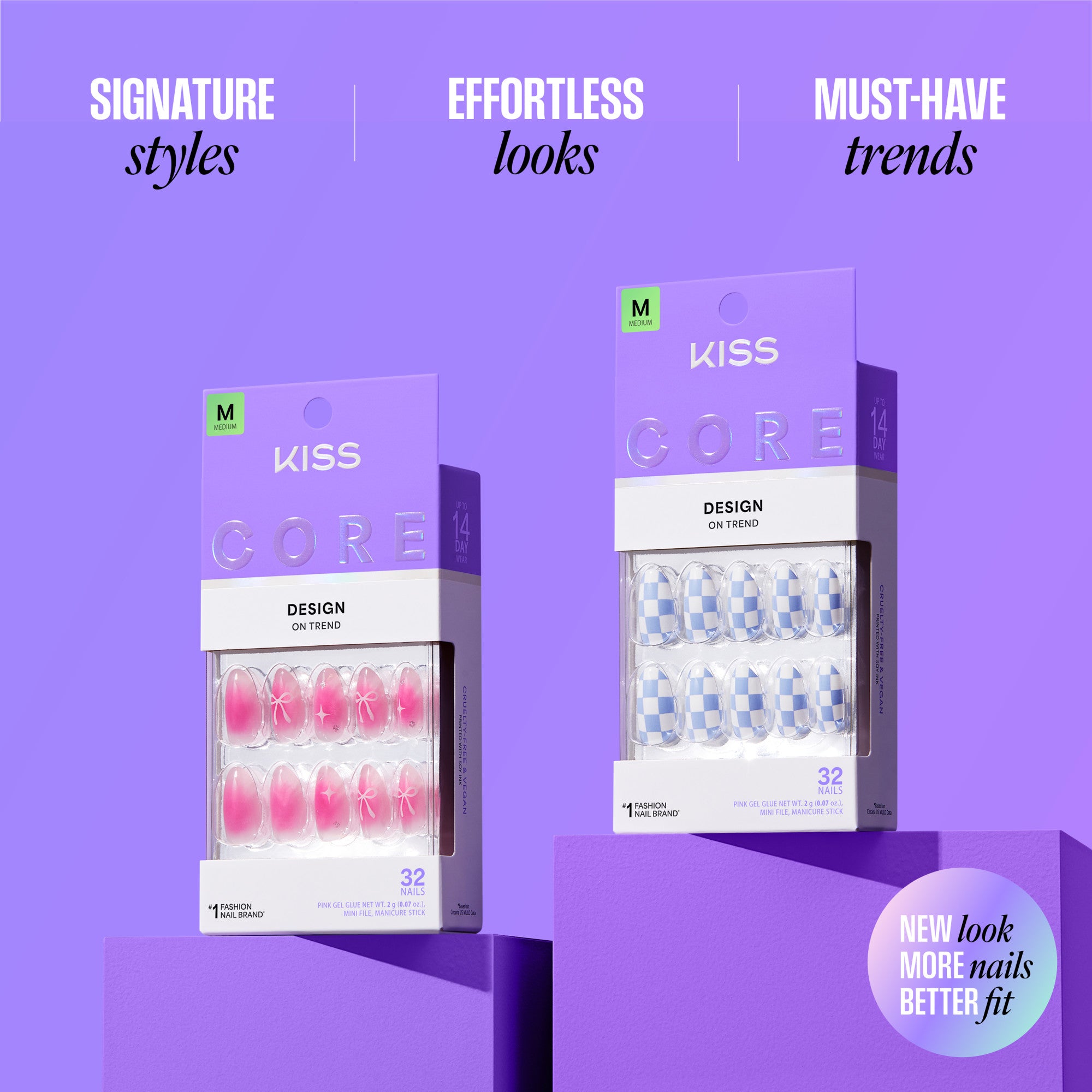 KISS Core press-on nails in pink and blue checkered designs displayed on purple background.