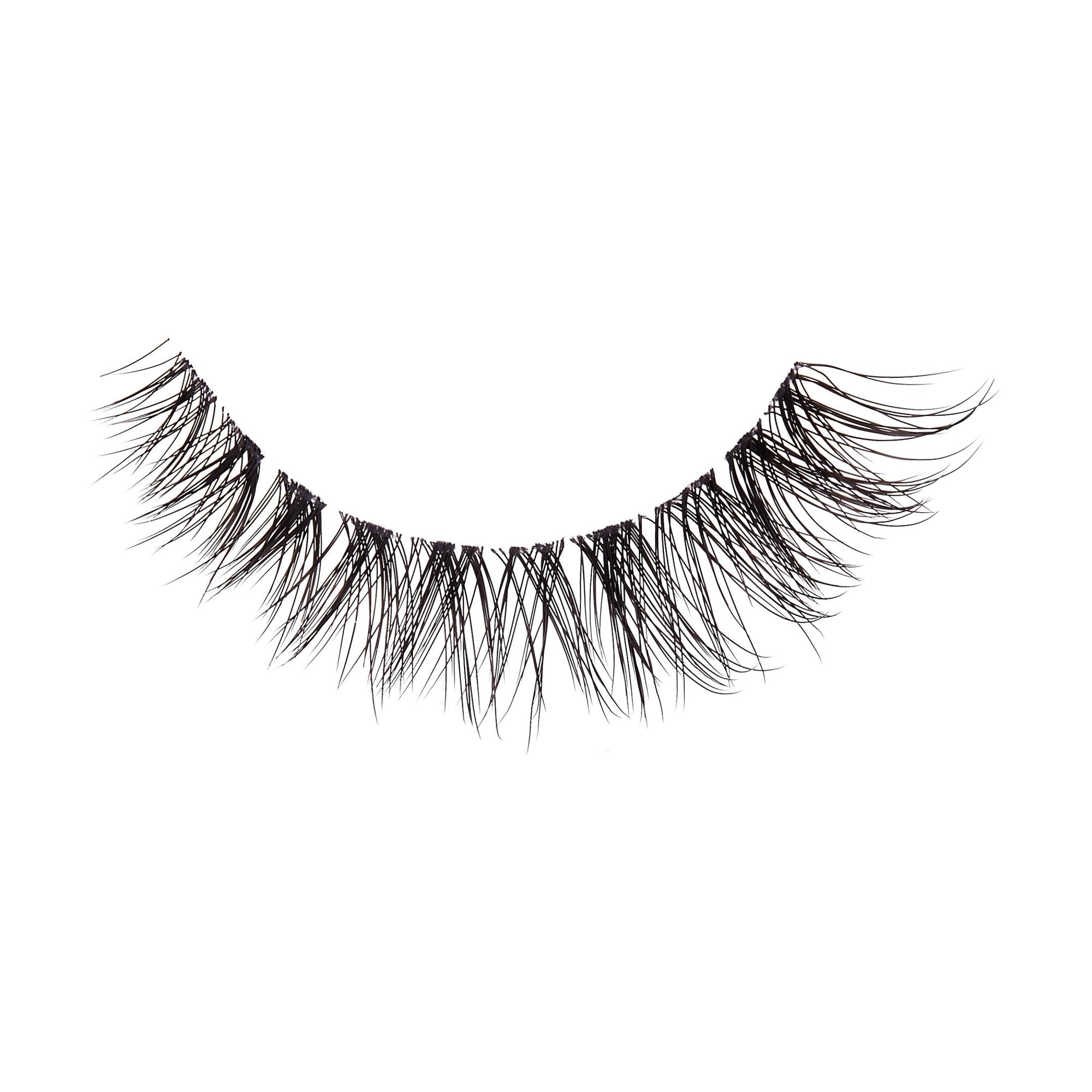 Single strip of black false eyelash with a natural, wispy design, shown against a white background.