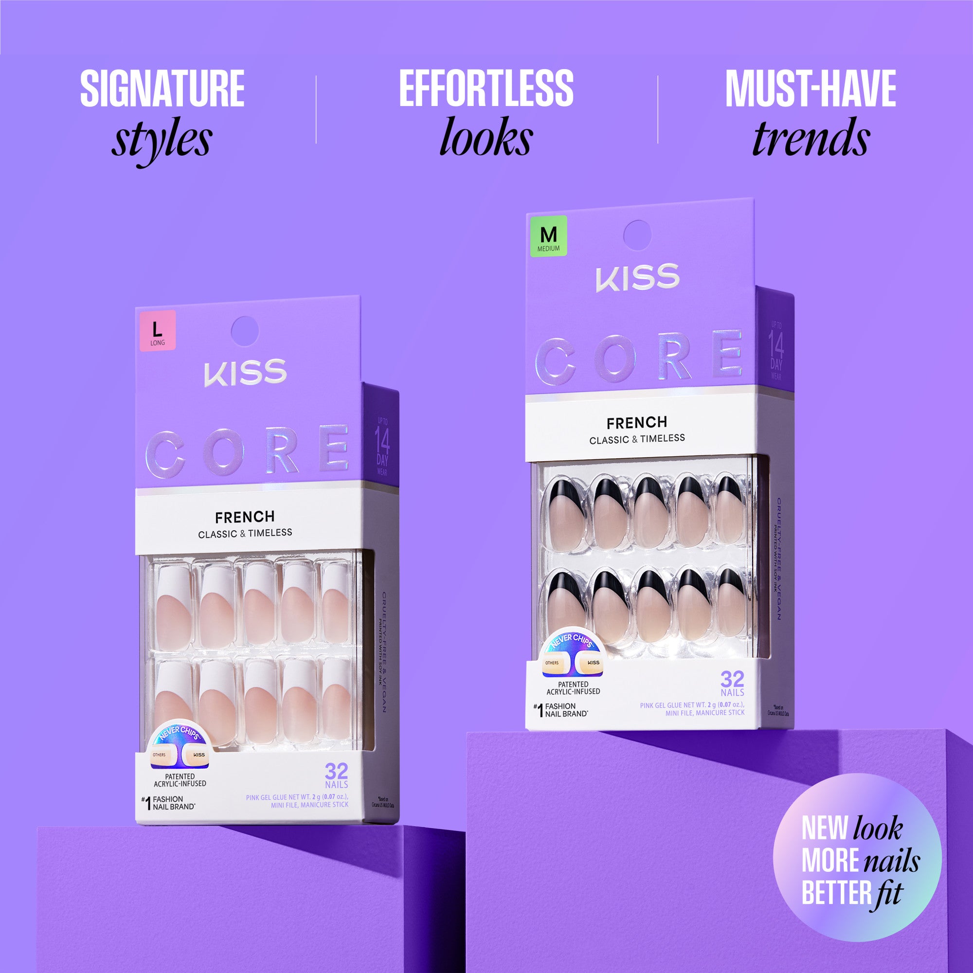 Kiss Core French nails display showing signature styles, effortless looks, must-have trends.