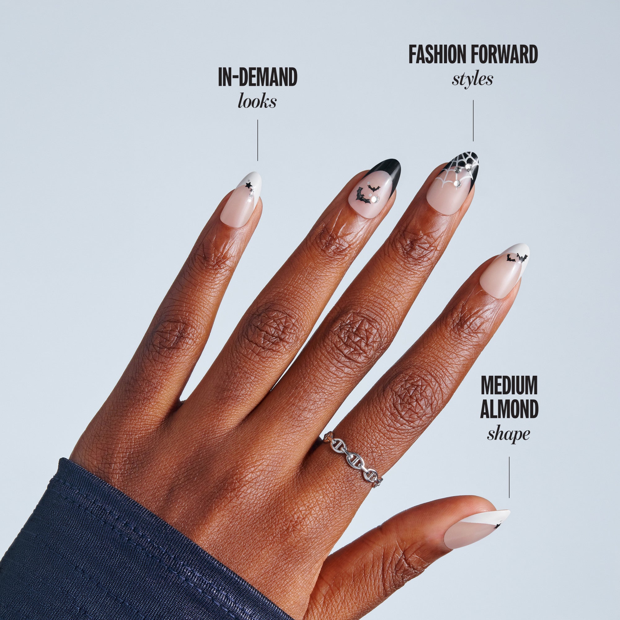 Kiss Haunt Halloween Press On Fake Glue Nails - HalloQueen | French Design, Black & White, Medium, Almond, Glow In The Dark