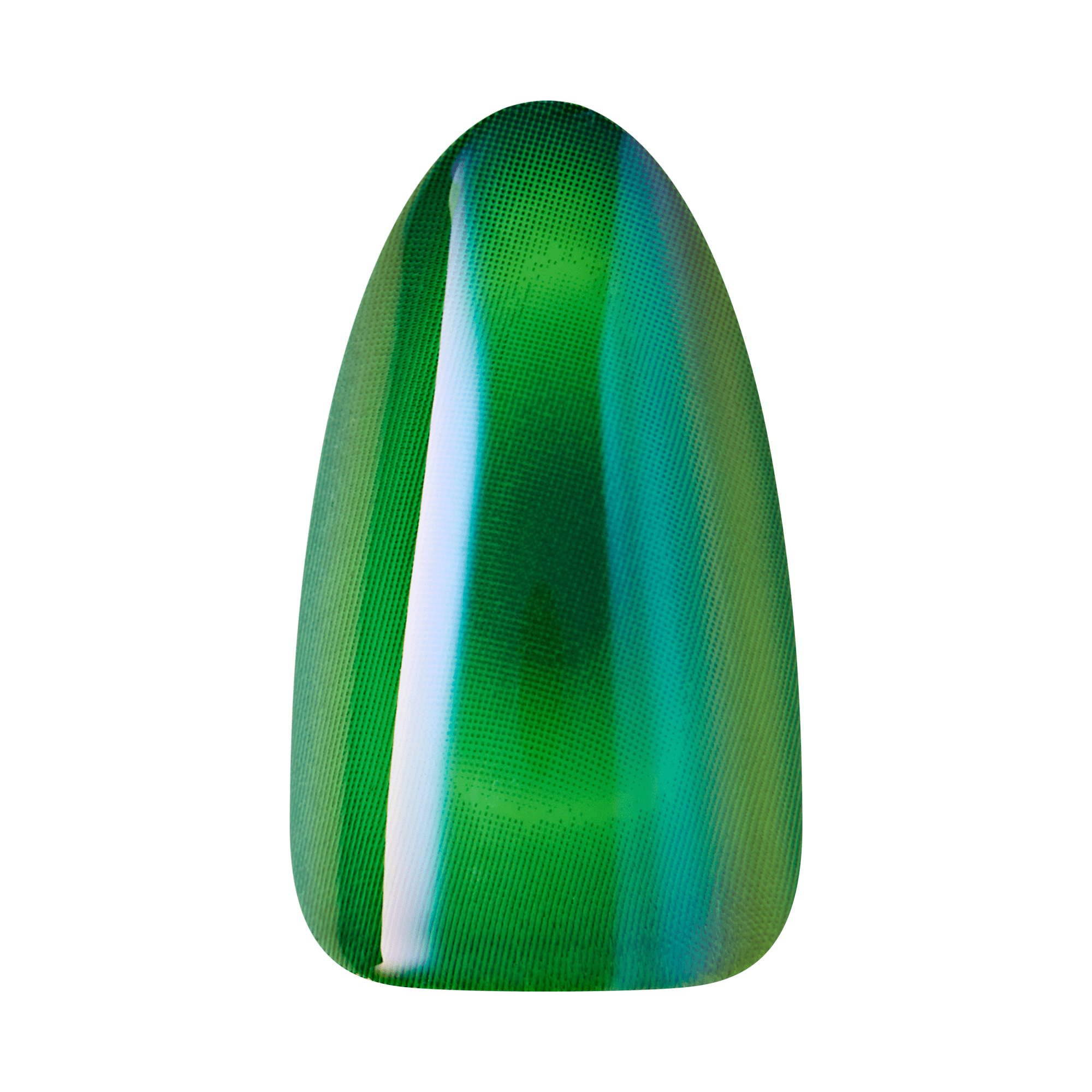 Green and blue iridescent nail polish nail tip with a smooth, shiny finish, reflecting light for a metallic look.