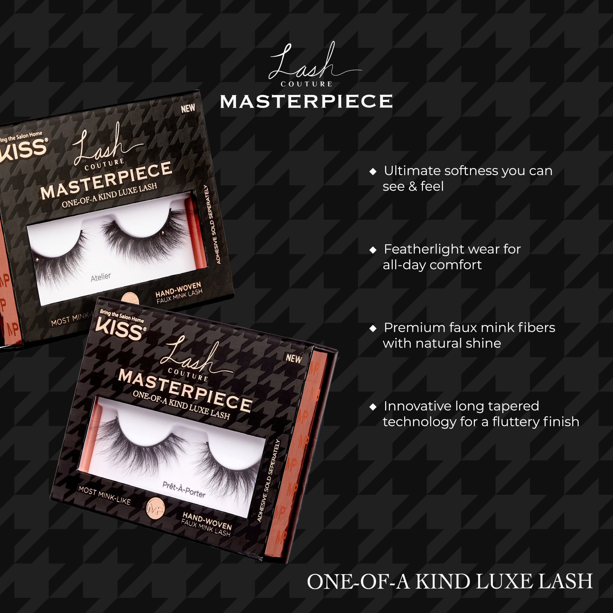 Two black boxes of Lash Couture Masterpiece hand-woven faux mink lashes labeled \
