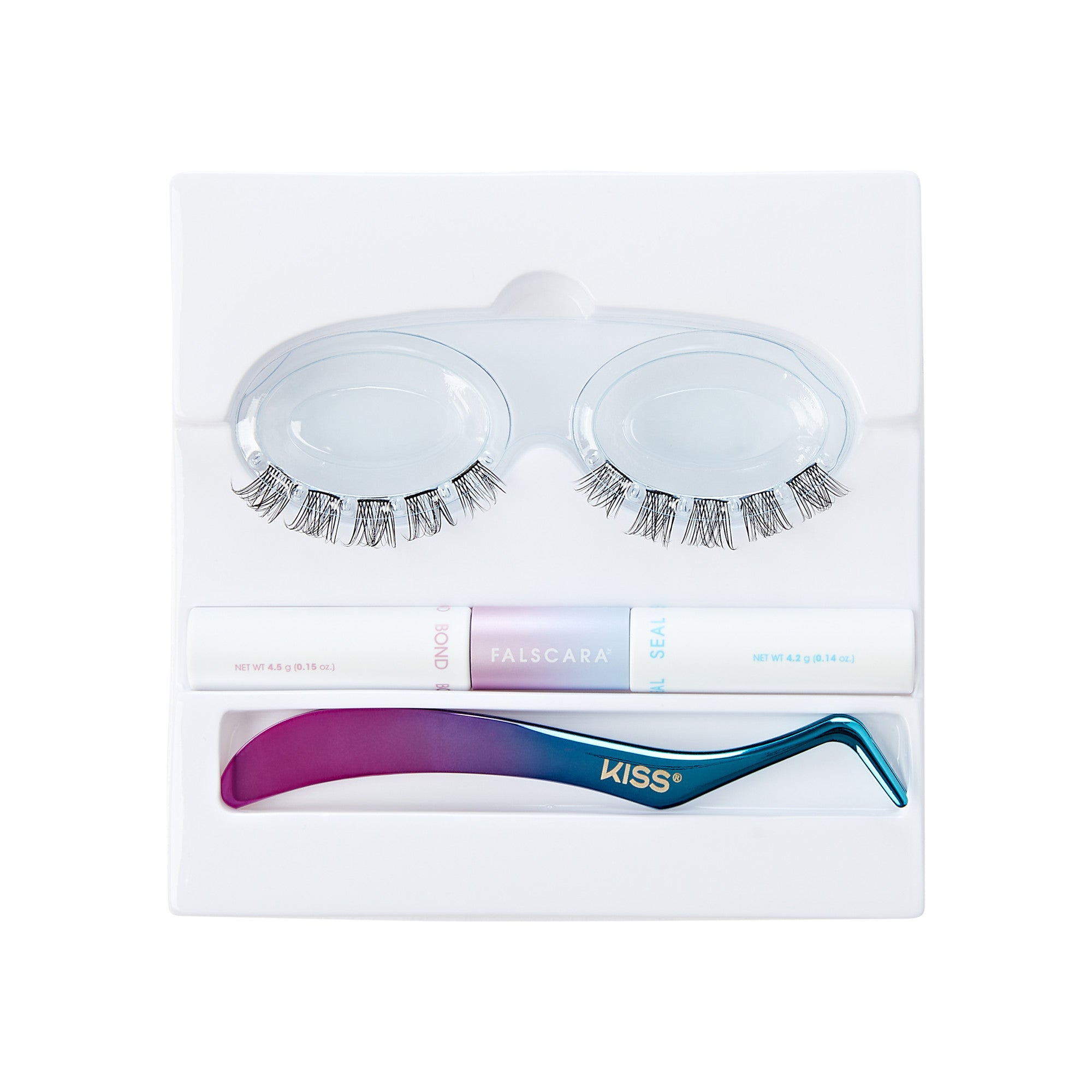 FALSCARA Starter Kit with 10 black lengthening wisps, adhesive tubes labeled \