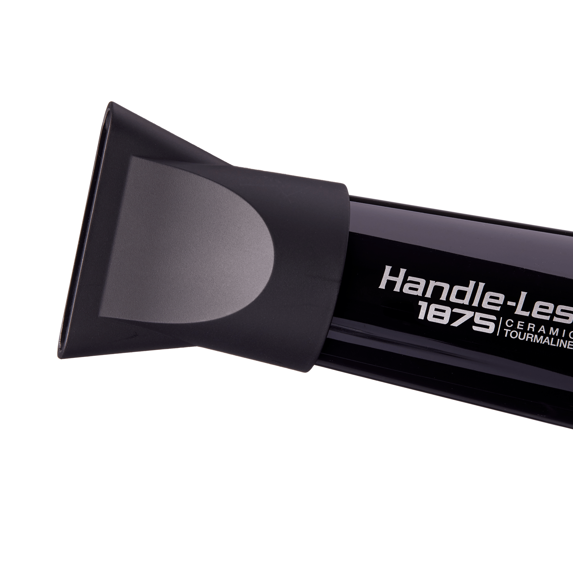 Close-up of a glossy black handle-less hair dryer nozzle with a matte black concentrator attachment, showing the text \