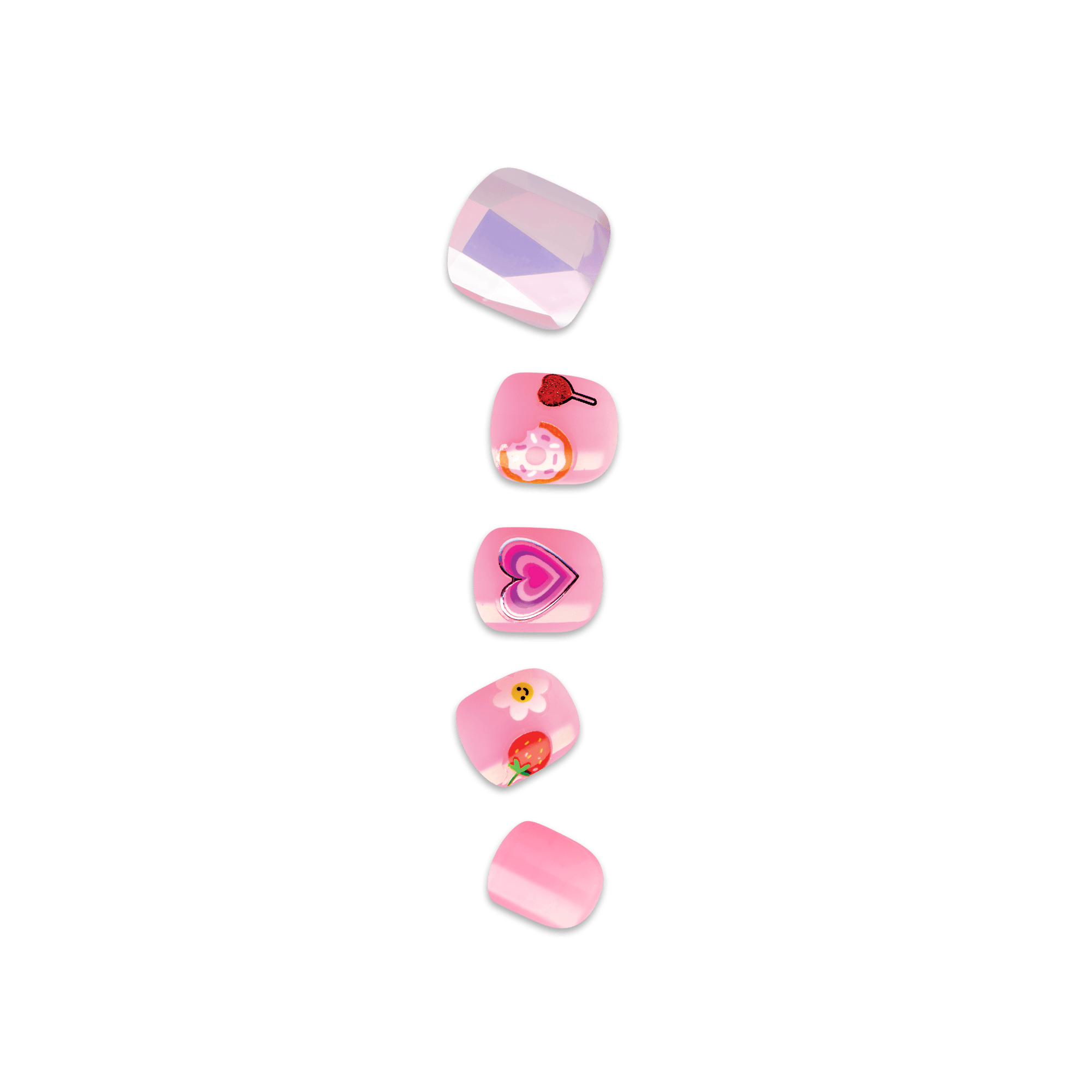 Five pink decorative clips arranged vertically with various designs including hearts, flowers, and strawberries.