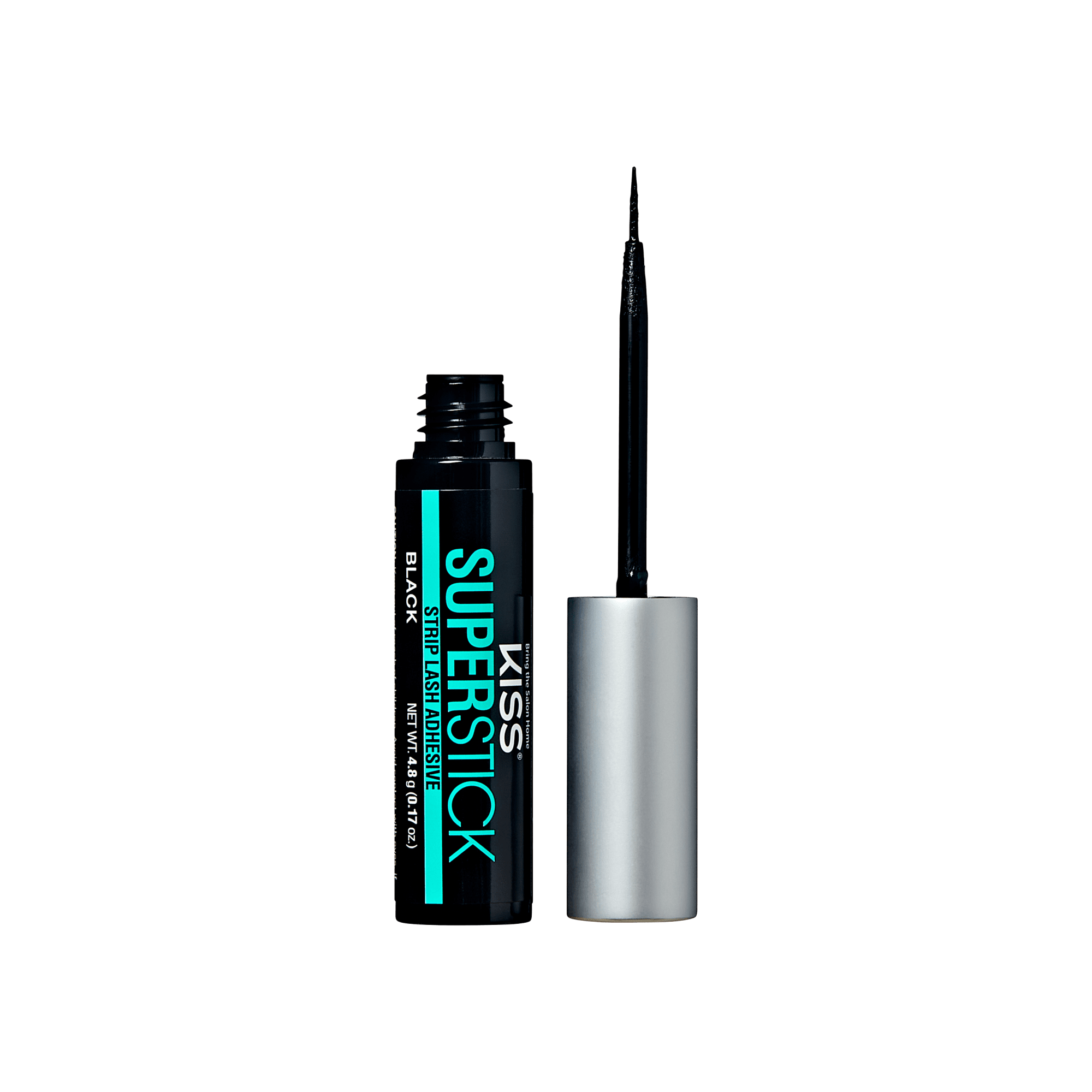 Black KISS Superstick Strip Lash Adhesive tube with silver cap removed, showing thin brush applicator and turquoise text on the label.