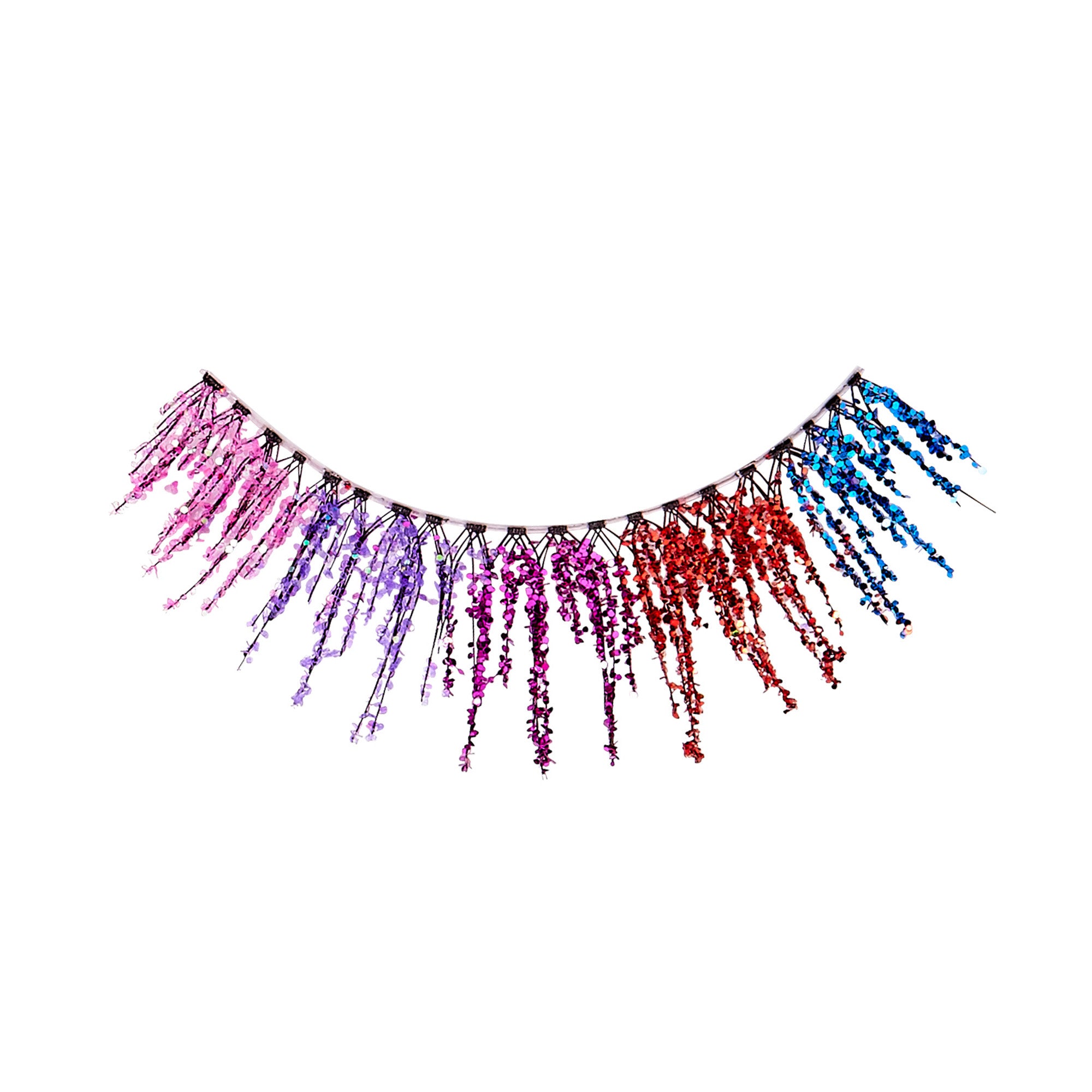 Single false eyelash with hanging glitter strands in pink, purple, red, and blue, designed for a dramatic, festive look.
