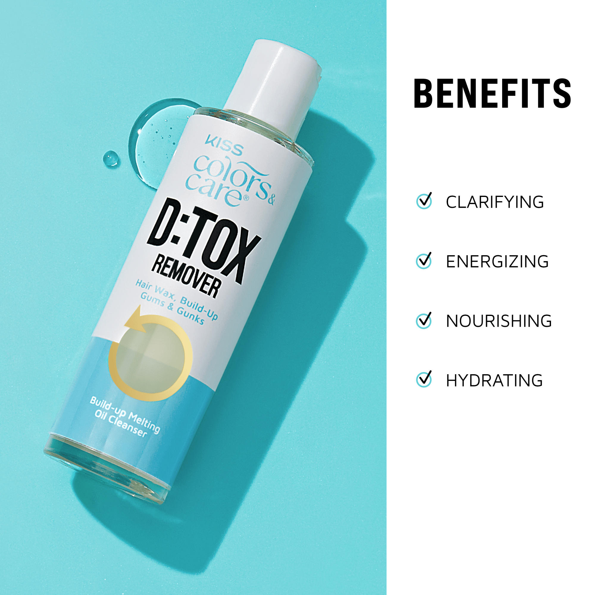 Kiss Colors Care D:TOX Remover bottle with benefits listed on a blue background