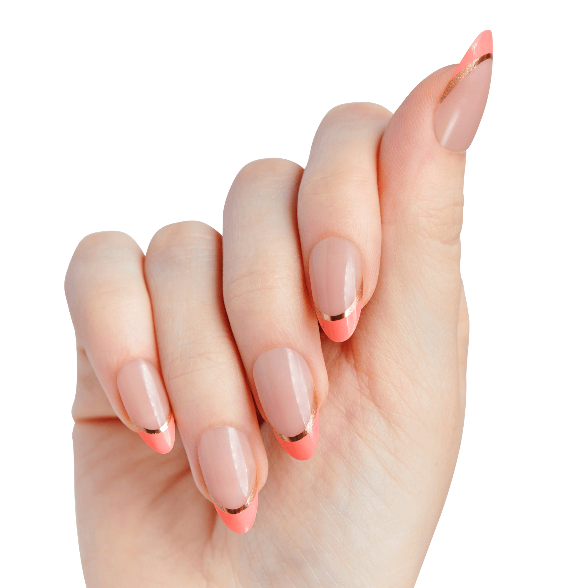 Hand with almond-shaped nails painted in nude pink with coral tips and thin metallic gold stripes along the edges.