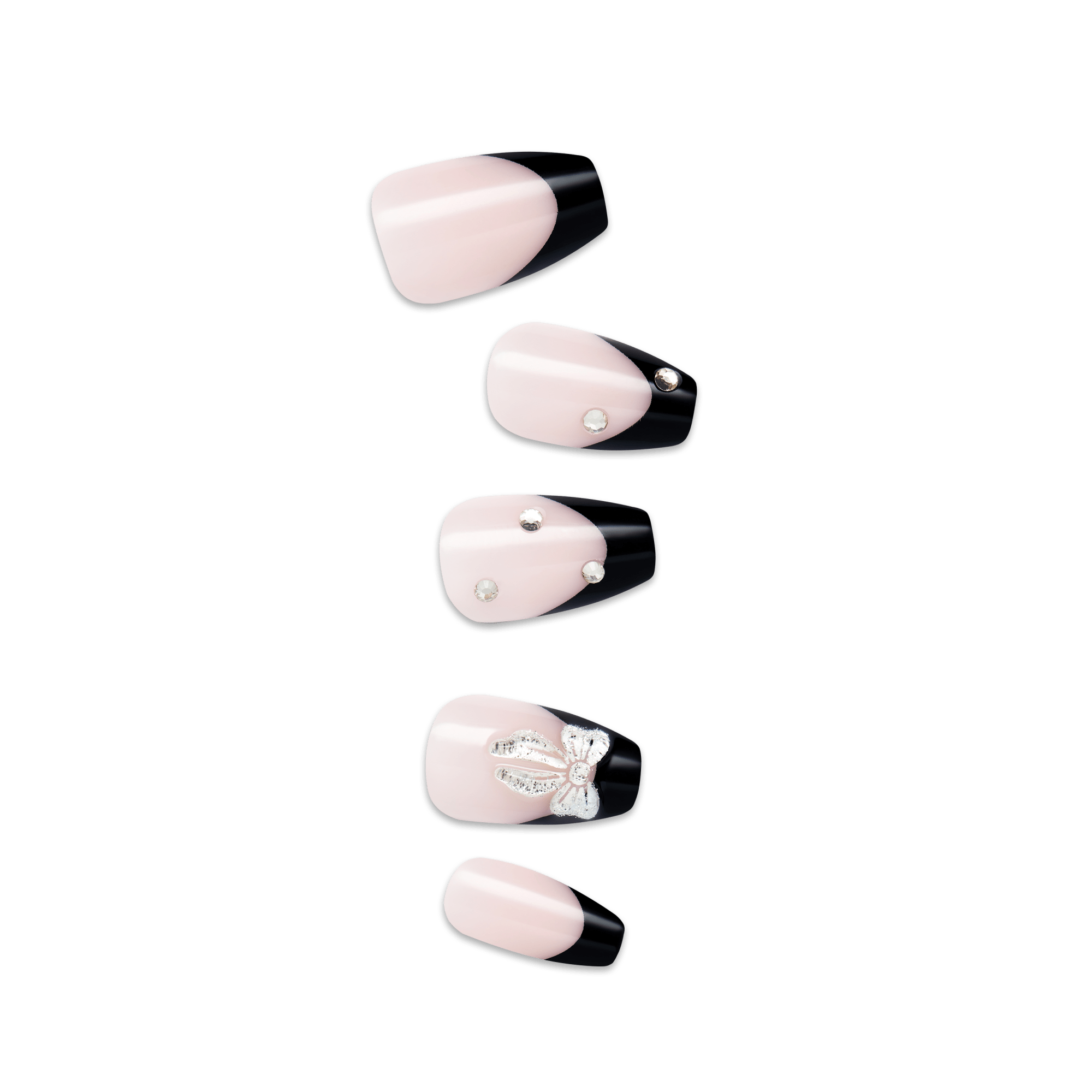 Five pink and black press-on nails with varying embellishments including rhinestones and nail art designs.