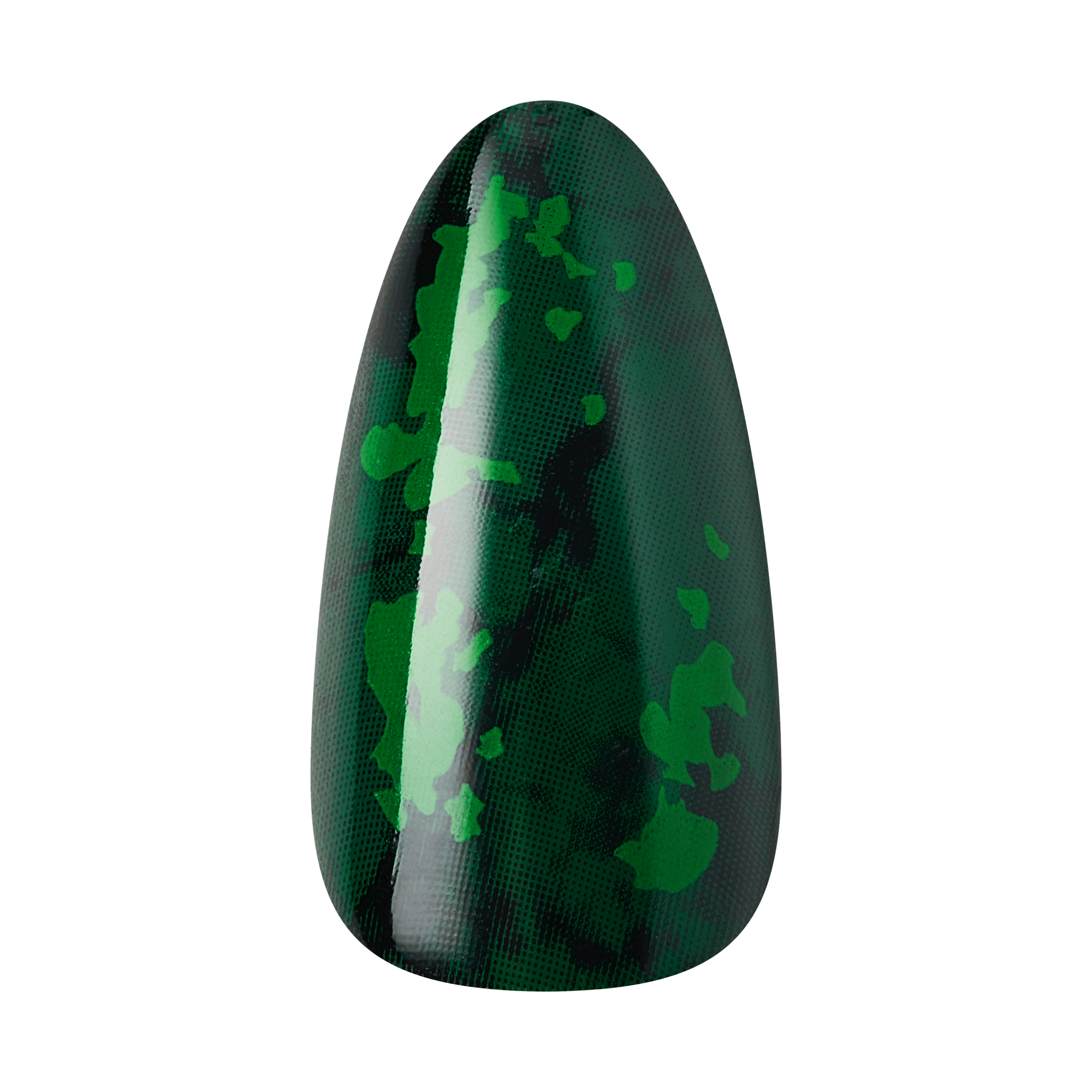 Dark green nail tip with a glossy finish and lighter green irregular splatter pattern, shown from a front angled view.