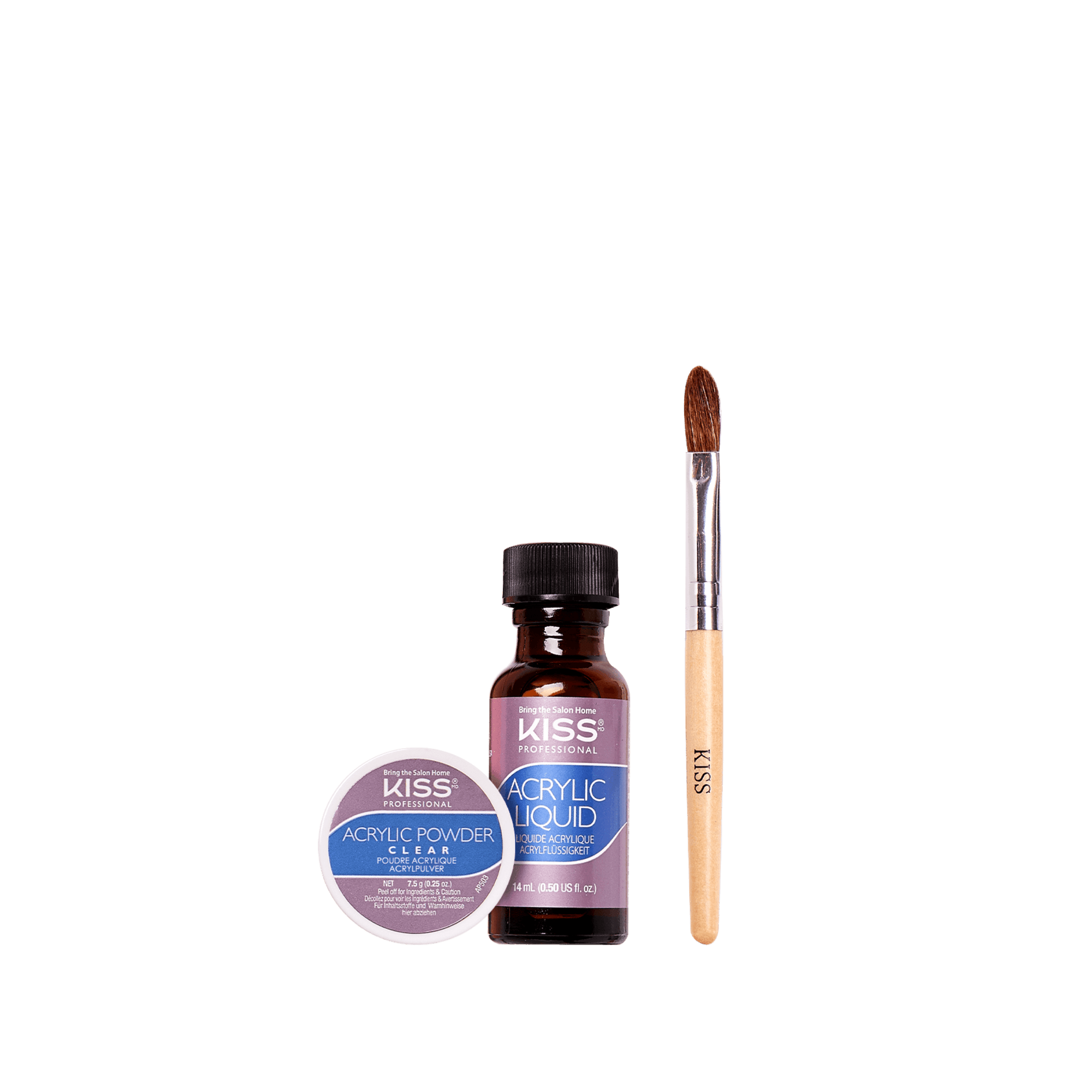 KISS Acrylic Fill Kit containing a small container of clear acrylic powder, a 14ml bottle of acrylic liquid, and a wooden brush with brown bristles.