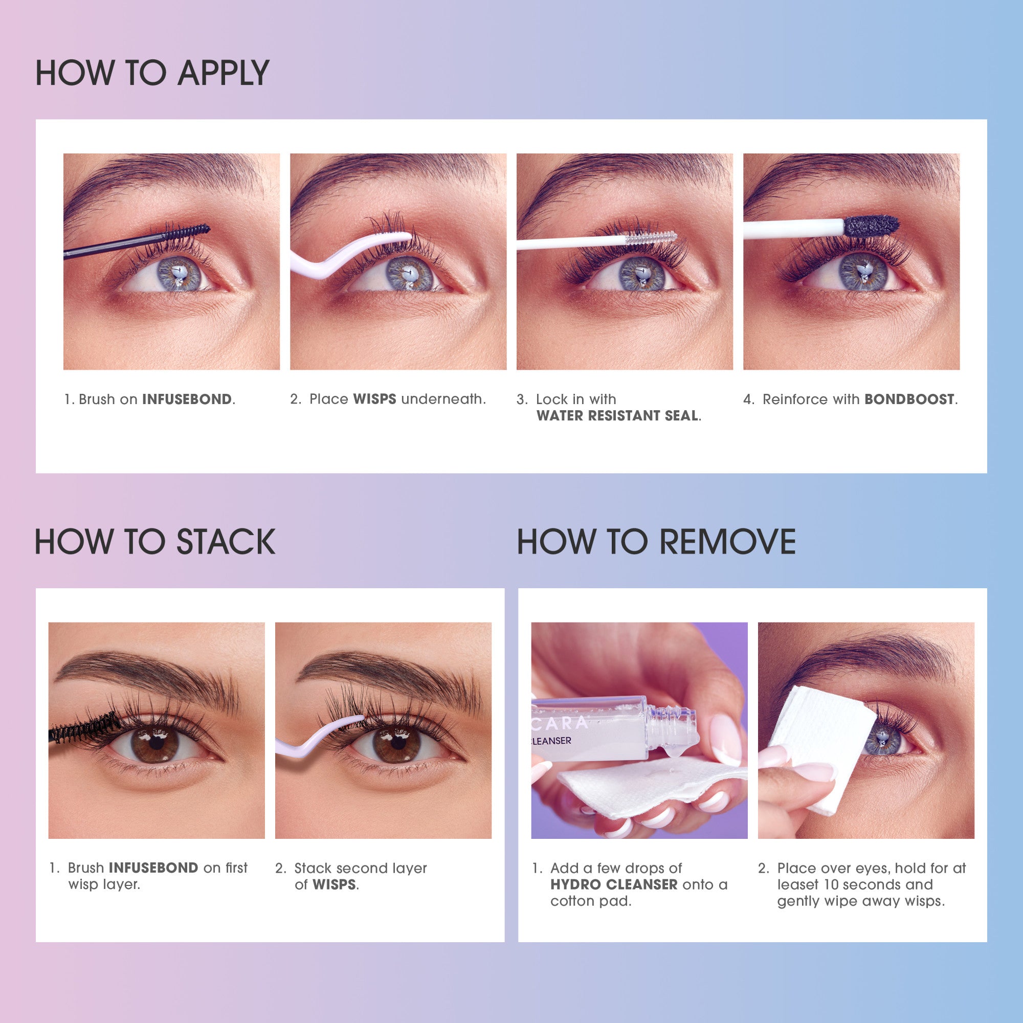 Close-up shots show step-by-step eyelash application, stacking, and removal using FALSCARA lash products with text instructions on infusebond, wisps, water resistant seal, bondboost, and hydro cleanser.