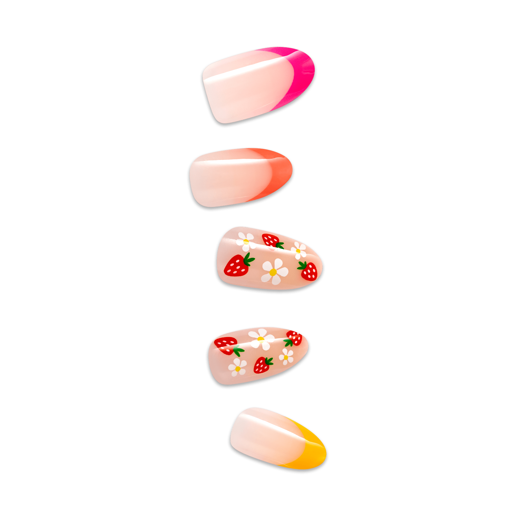 Five press-on nails displayed vertically with glossy finish; designs include pink, orange, and yellow French tips and two nails with red strawberry and white flower patterns.