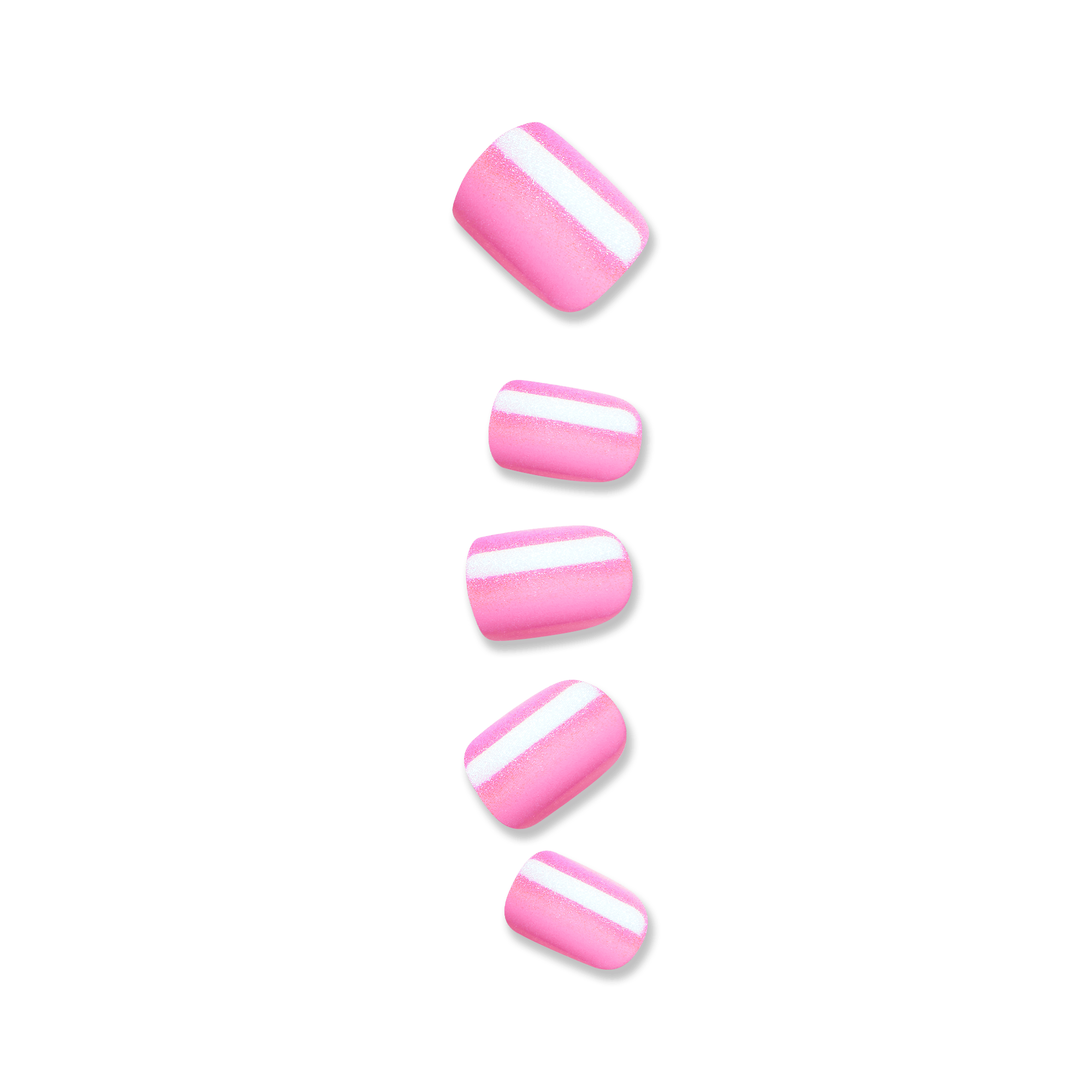 Set of five press-on nails in a shiny pink shade with a vertical white stripe down the center, shown against a plain background.