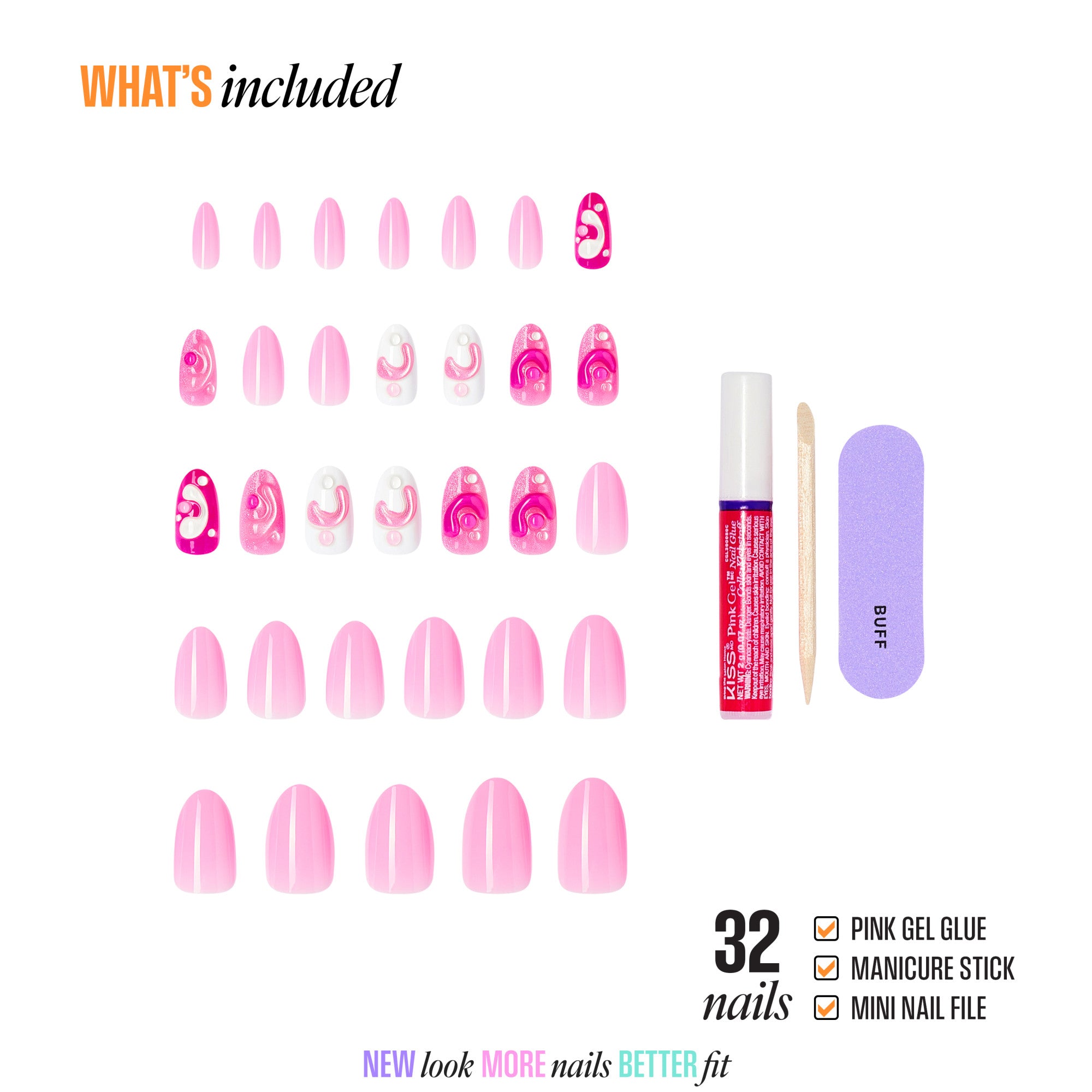 32 pink gel press-on nails with designs, gel glue, manicure stick, and nail file included.
