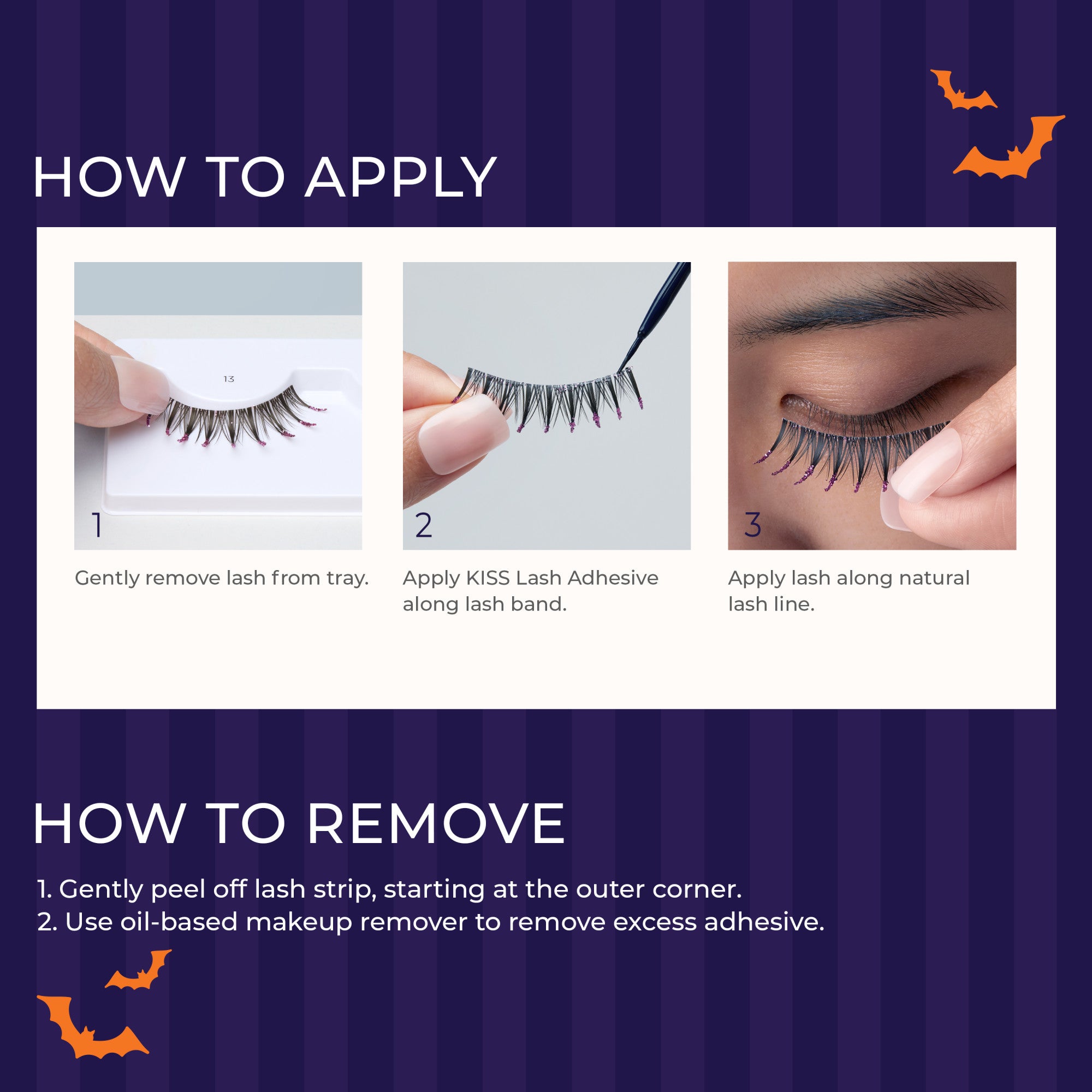 Step-by-step guide with images showing how to apply KISS Halloween Full Moon Fantasy false eyelashes: removing lash from tray, applying adhesive, and placing lash on natural lash line, with removal instructions below on dark purple background featuring orange bats.