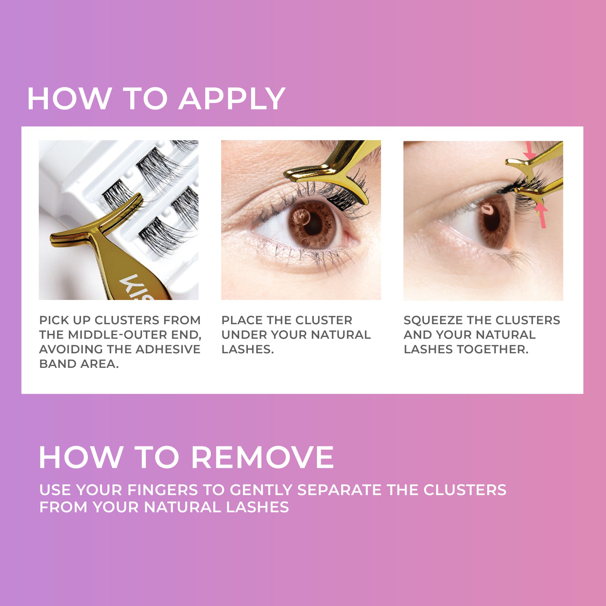 Instructions for applying and removing imPRESS Falsies eyelash clusters on a pink-purple gradient background, showing tweezers picking lashes and close-up eye application steps.