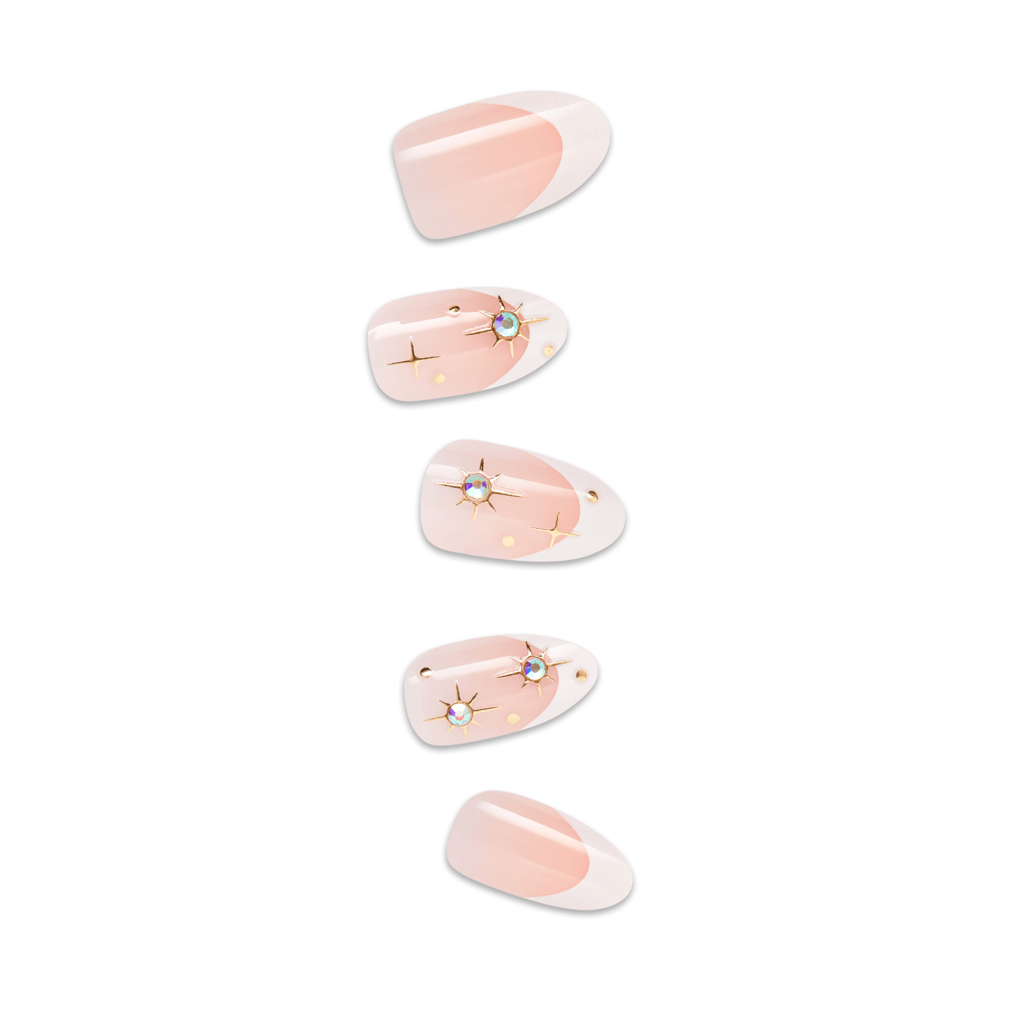 Five oval-shaped nail art designs in soft pink with rhinestone embellishments and gold accents.