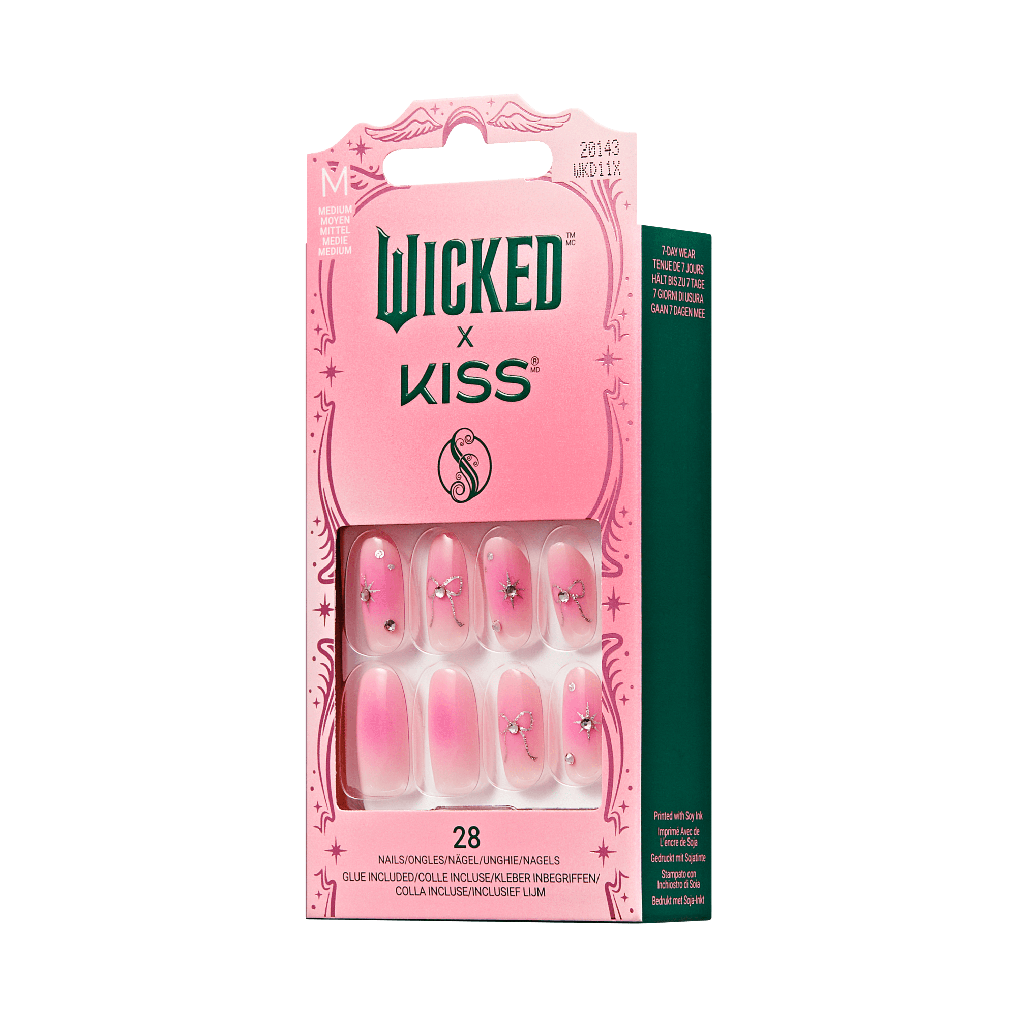 Wicked x Kiss press-on nails set with 28 medium-sized pink ombre nails, some featuring rhinestone and glitter star accents, in pink packaging.